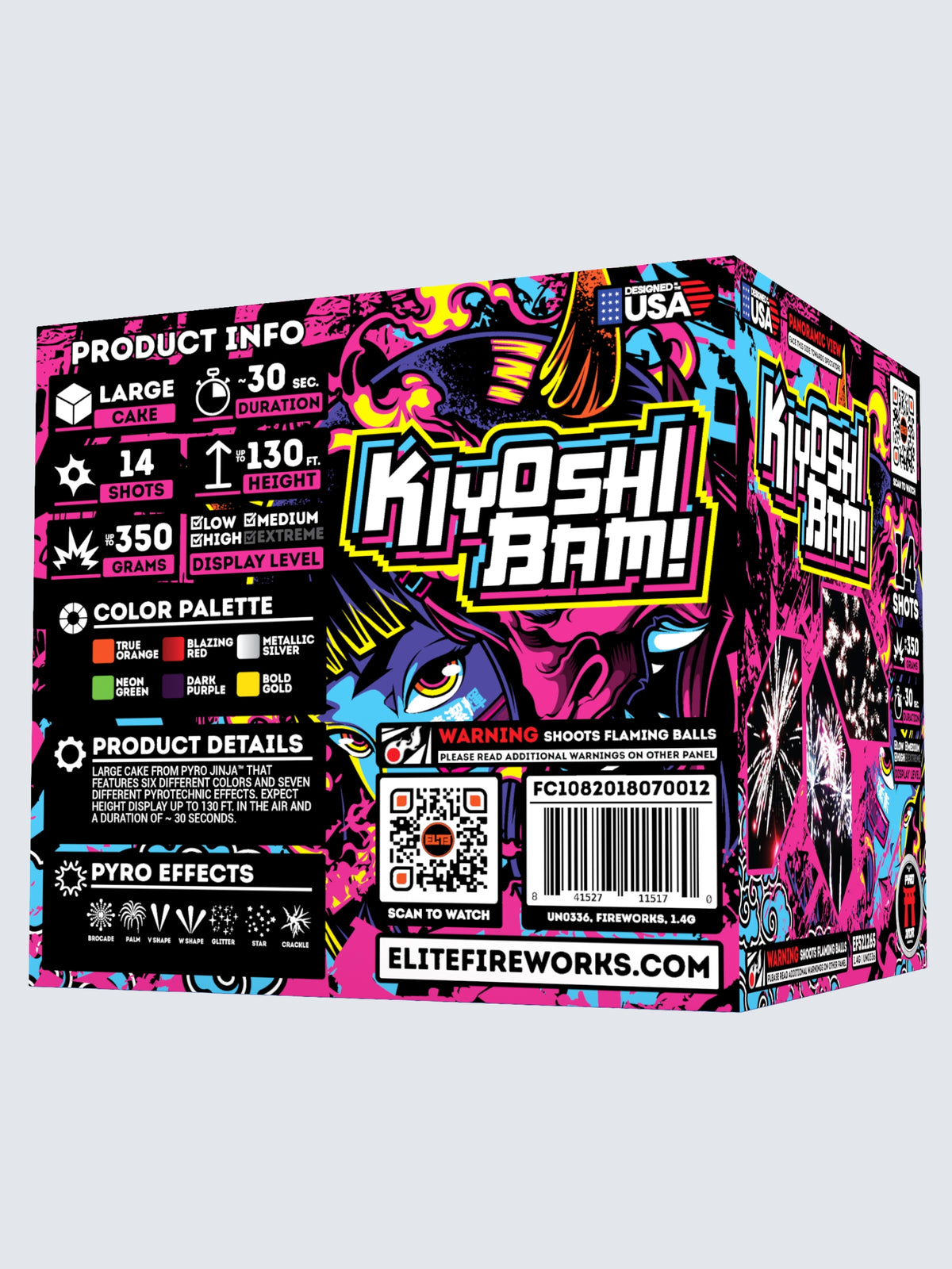 Unit of Kiyoshi Bam large cake fireworks. Includes 14 shots, with packaging showing a pink and blue demon mask.