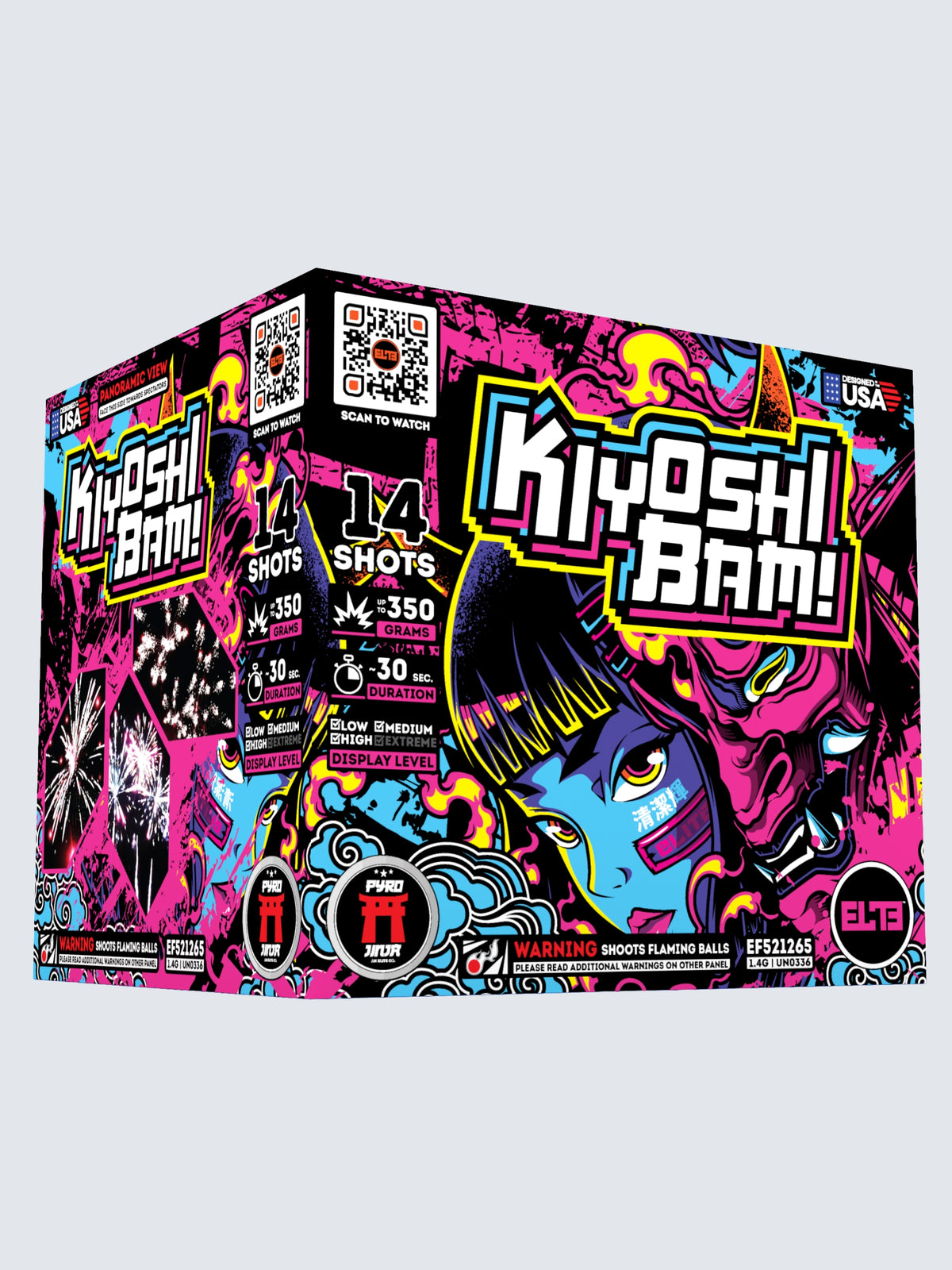 Unit of Kiyoshi Bam large cake fireworks. Includes 14 shots, with packaging showing a pink and blue demon mask.