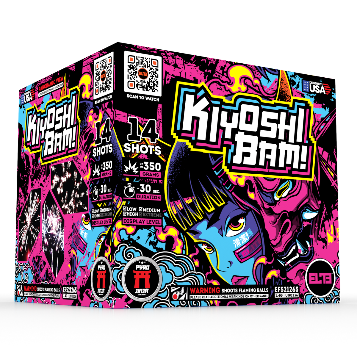 Unit of Kiyoshi Bam large cake fireworks. Includes 14 shots, with packaging showing a pink and blue demon mask.