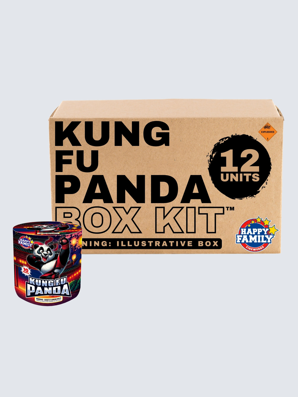 Kung Fu Panda 10 Shot Aerial Repeater Box Kit by Happy Family Fireworks includes 12 units with colorful panda martial arts artwork.