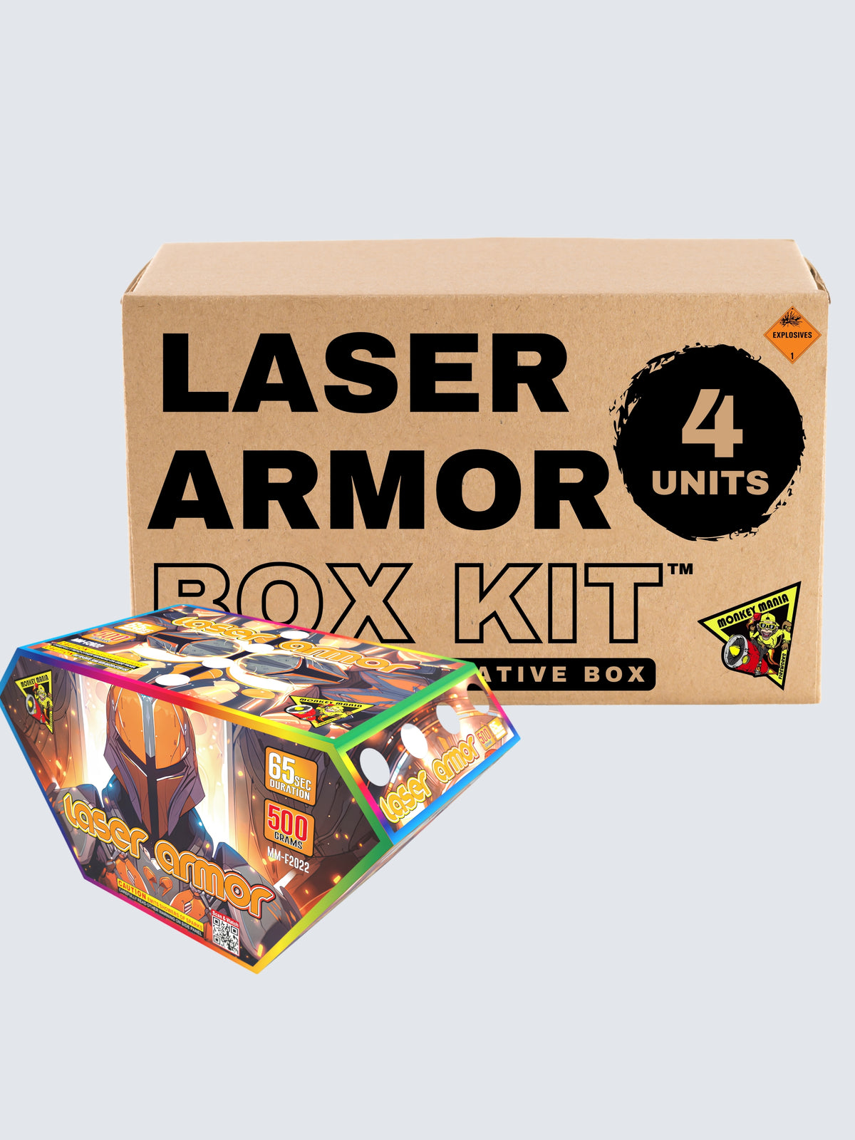 Box-kit of Laser Armor fountain, a 500 gram fountain with box art featuring cool orange medieval armor.