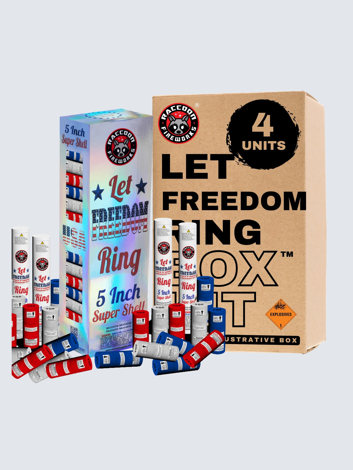 Let Freedom Ring 5-Inch Super Shells Box Kit by Raccoon Fireworks, featuring 4 units with patriotic red, white, and blue shells.