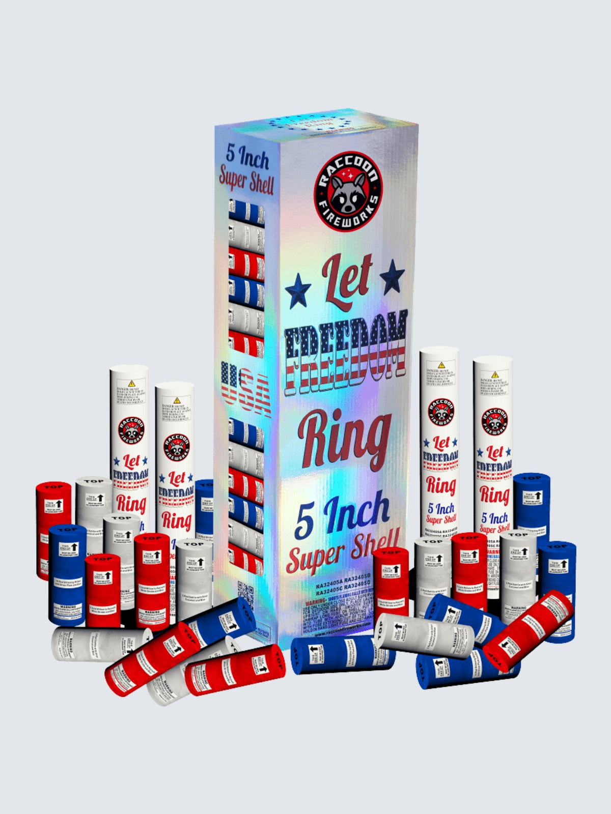 Let Freedom Ring 5-Inch Super Shells by Raccoon Fireworks, featuring patriotic red, white, and blue canister shells.
