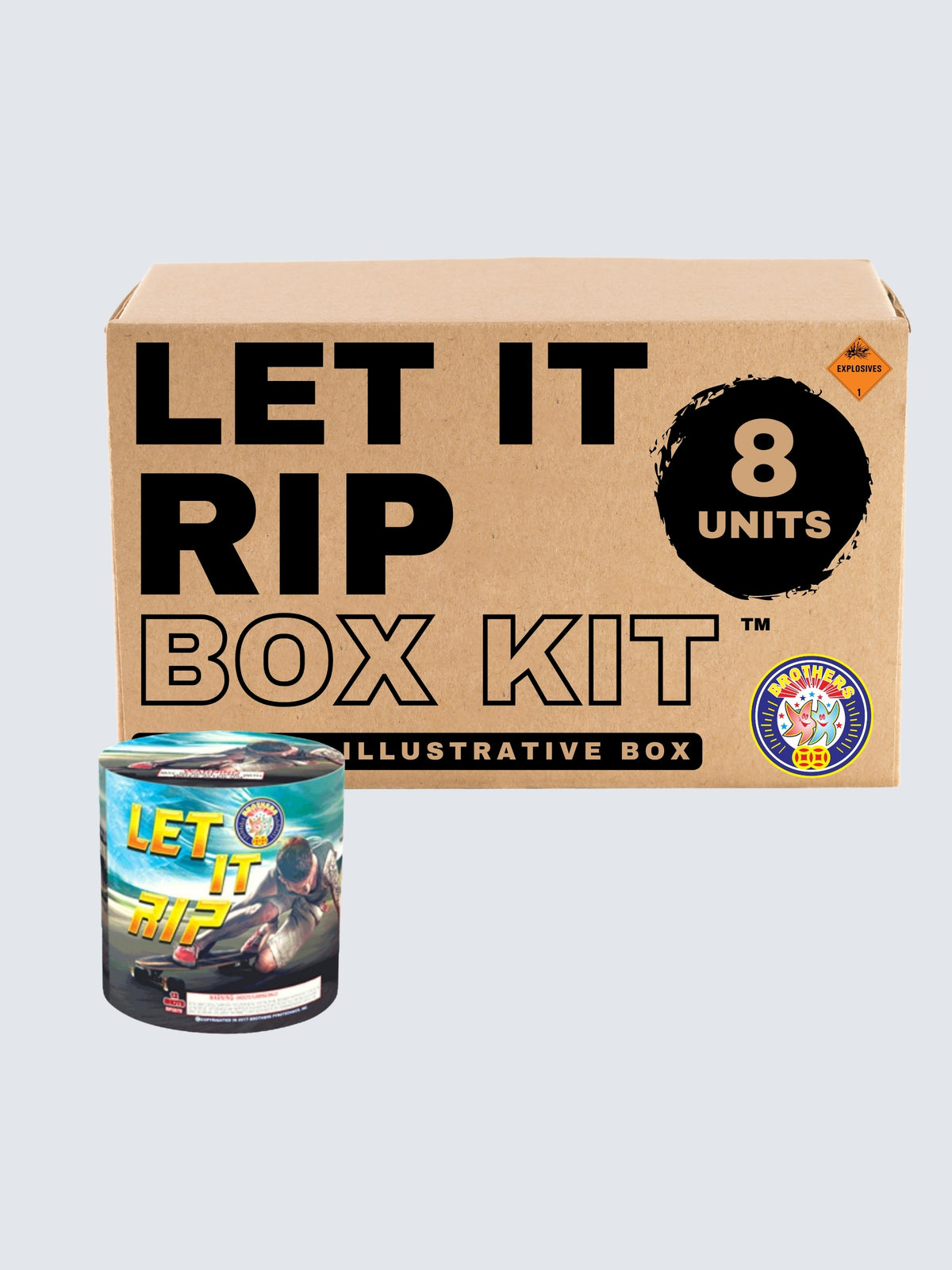 Let It Rip aerial repeater box kit by Brothers Fireworks with 8 units and skateboarder artwork on teal packaging.