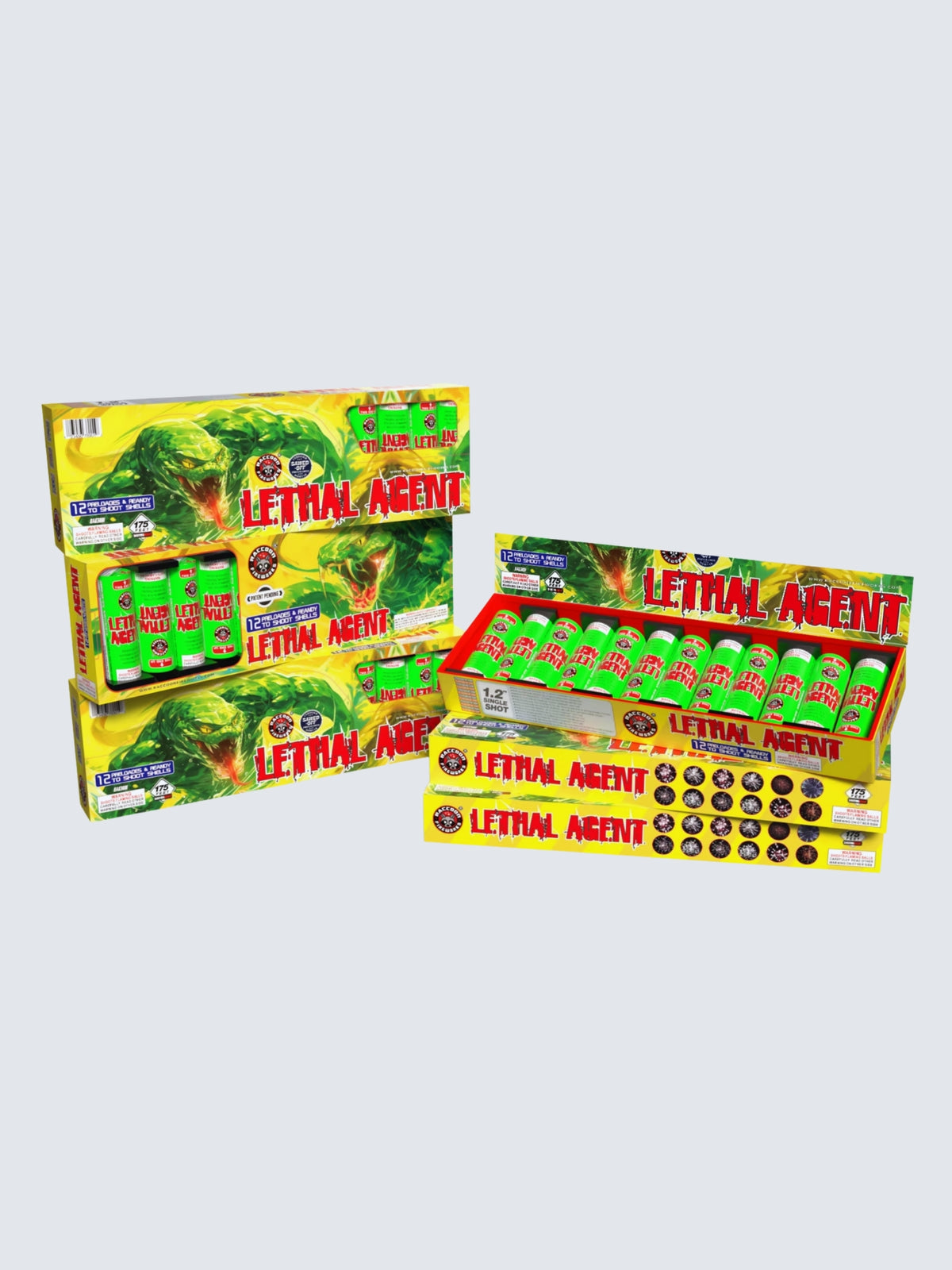 Lethal Agent artillery shell fireworks kit features 12 green canister shells with vivid yellow packaging and a menacing green monster.