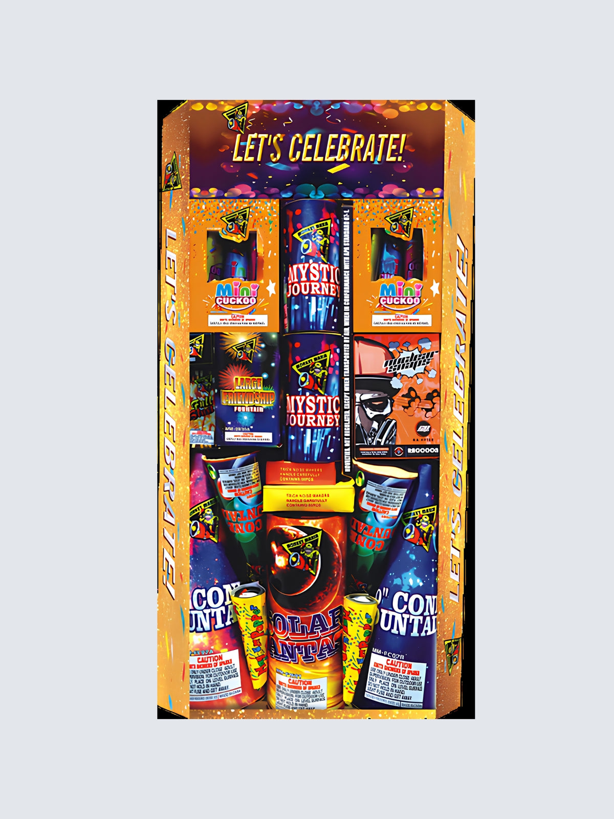 Let's celebrate variety assortment of monkey mania fireworks with orange and blue and yellow and pink confetti packaging.