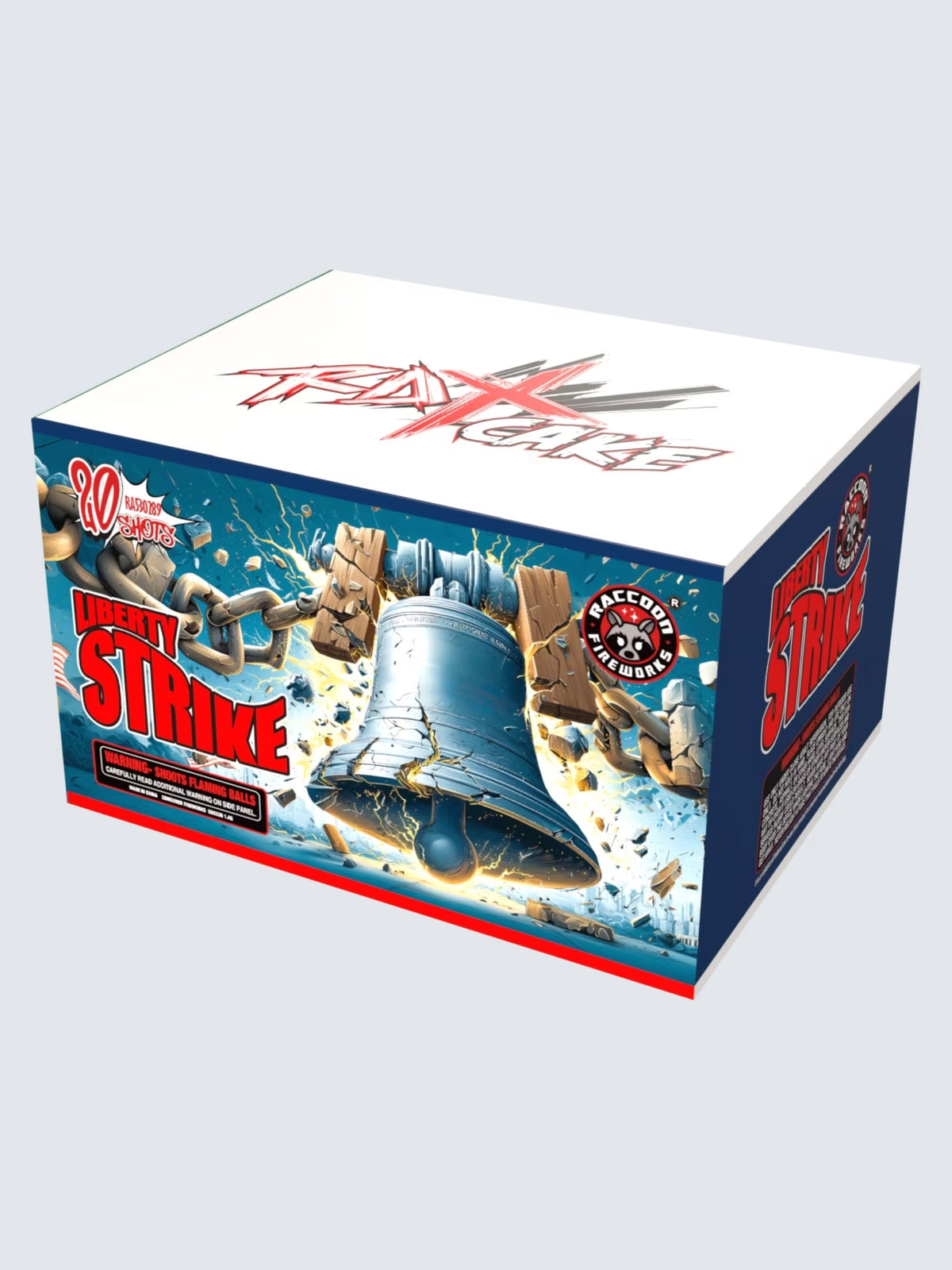 Unit of Liberty Strike large cake fireworks. Includes 20 shots. Packaging shows a bell cracking and exploding. 