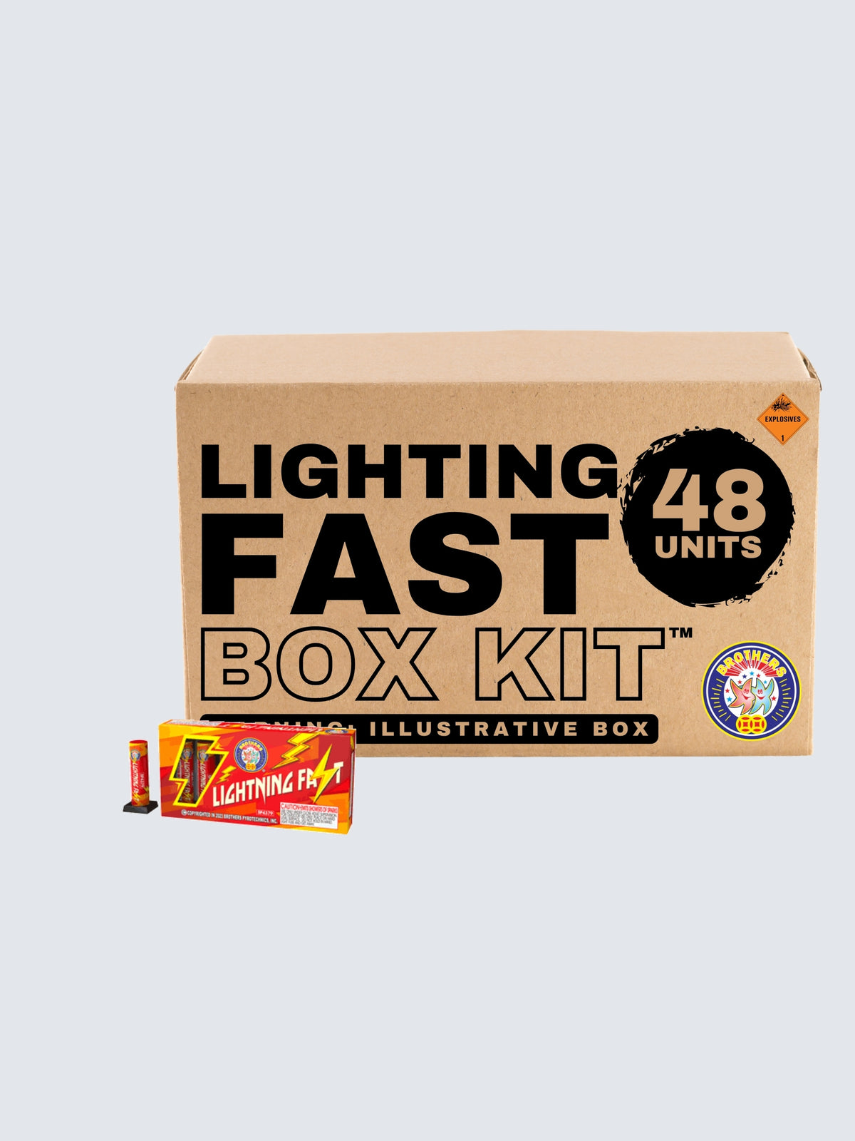 Brothers Fireworks Lighting Fast shower fountain box kit with 48 units and lightning bolts on red packaging.