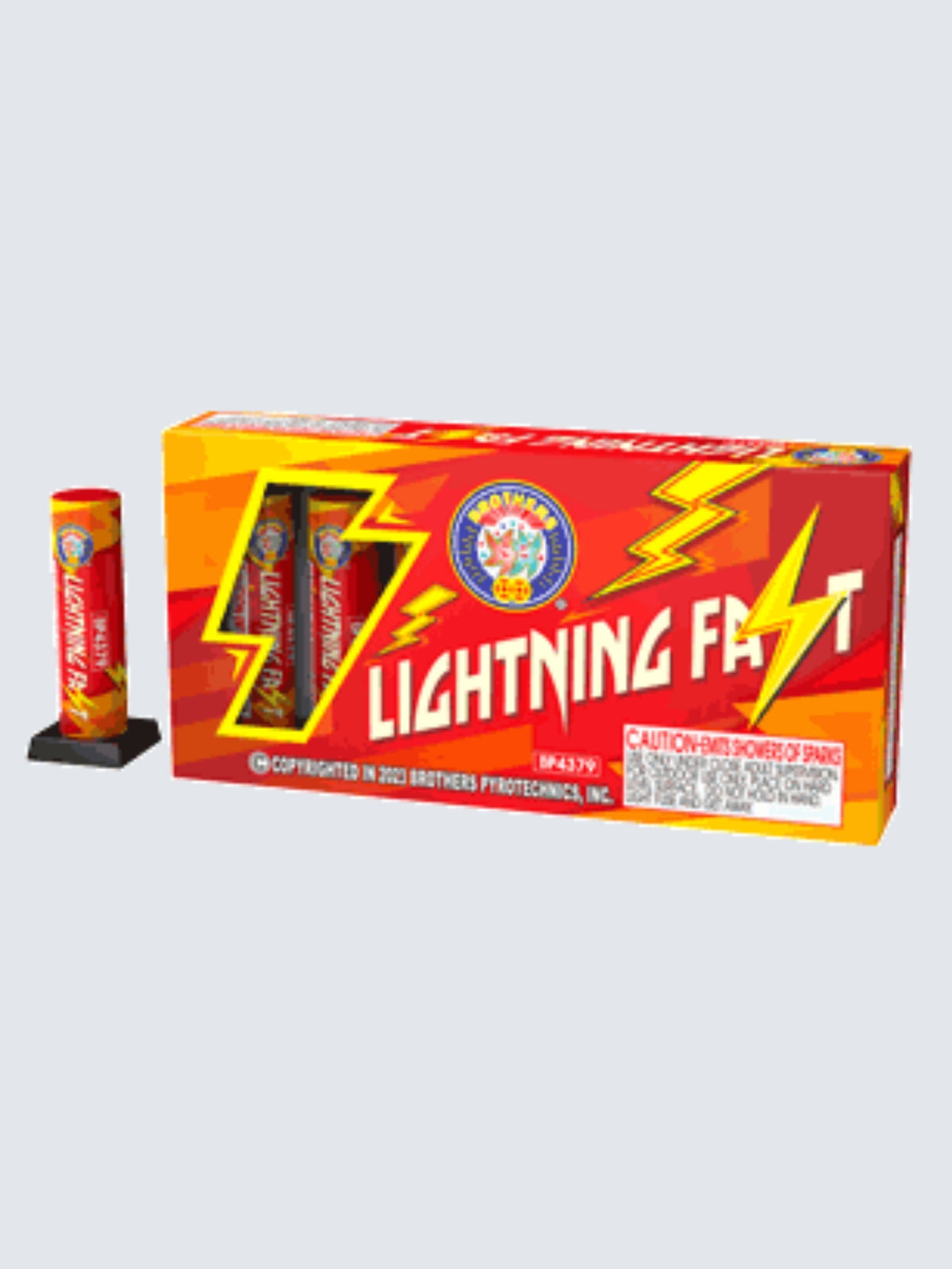 Lighting Fast shower fountain firework with lightning bolt artwork on red packaging.