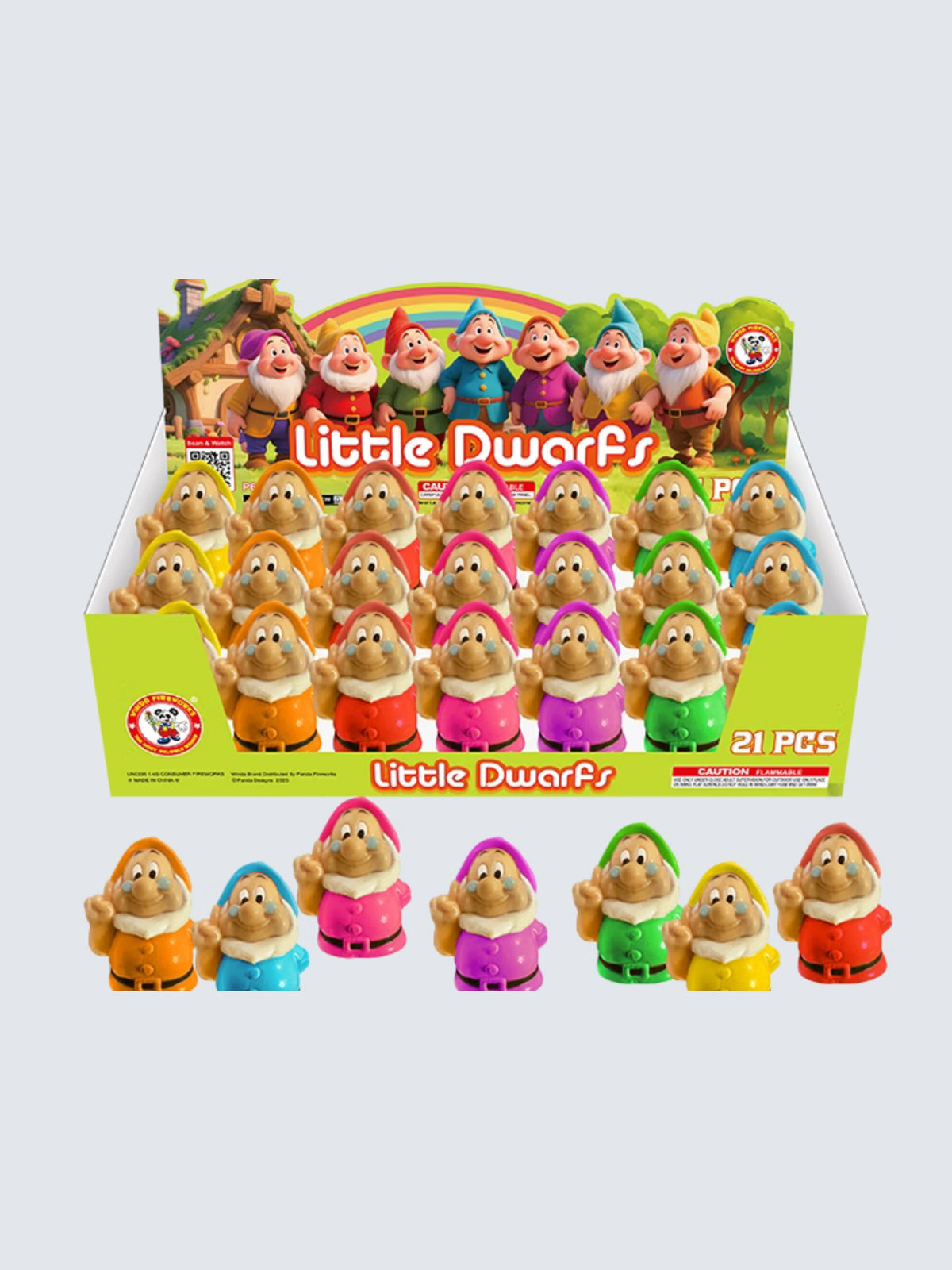 Cute little dwarf figures, in orange, pink, blue, green, yellow, and red. 