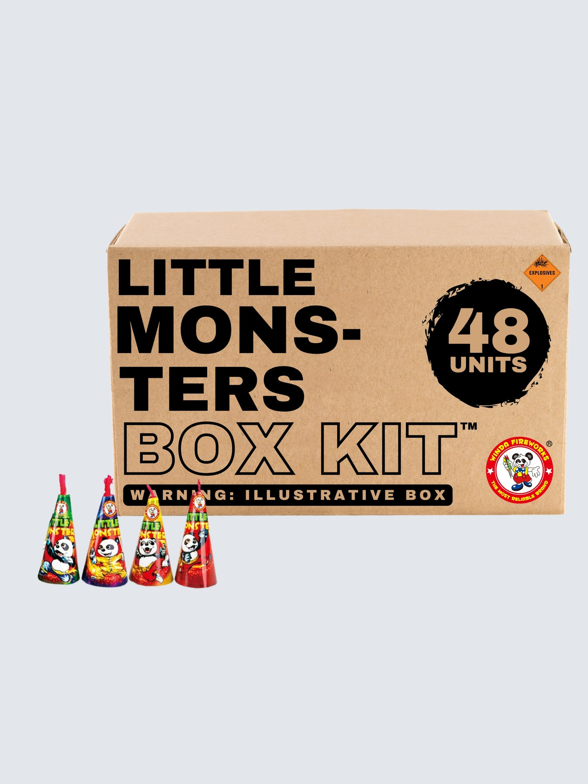 Little Monsters shower fountain box kit by Winda Fireworks with 48 units and colorful panda cone packaging.
