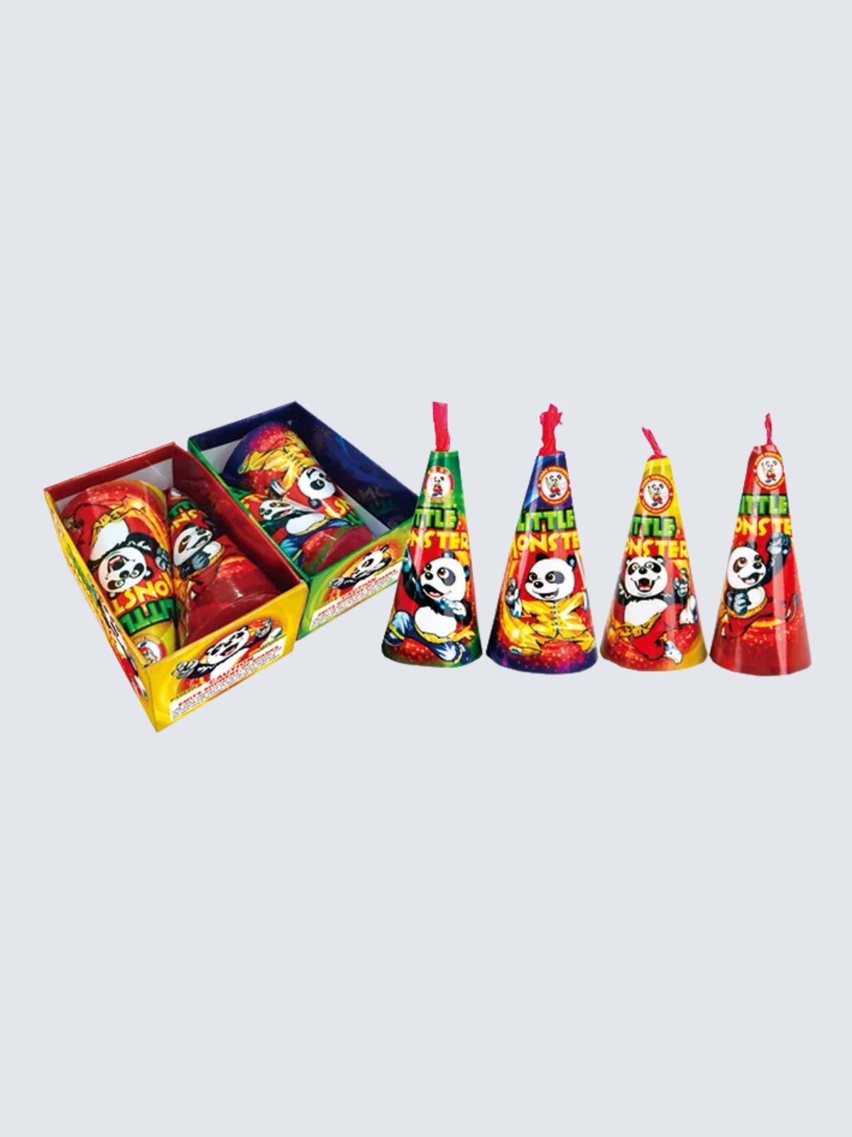 Little Monsters standard shower fountains by Winda Fireworks in colorful cone packaging with cartoon pandas.