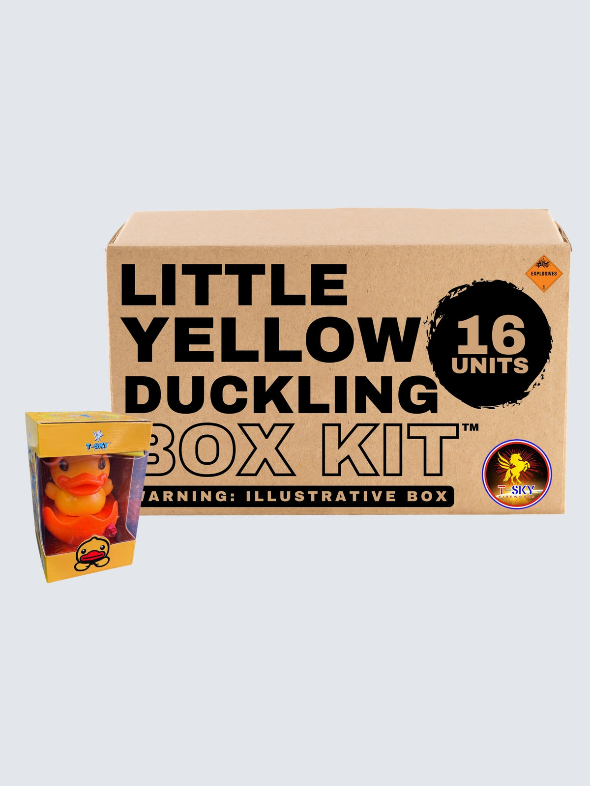 T-Sky Fireworks Little Yellow Duckling ground novelty box kit with 16 units and yellow cartoon duckling packaging.