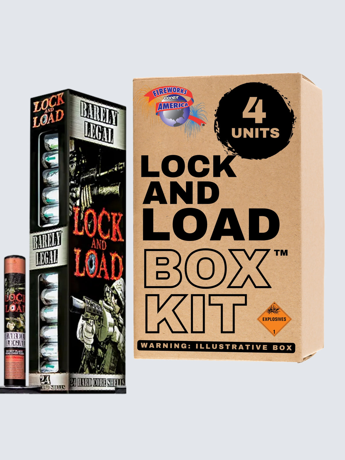 Box kit of Lock and Load shell fireworks. Includes 4 units.