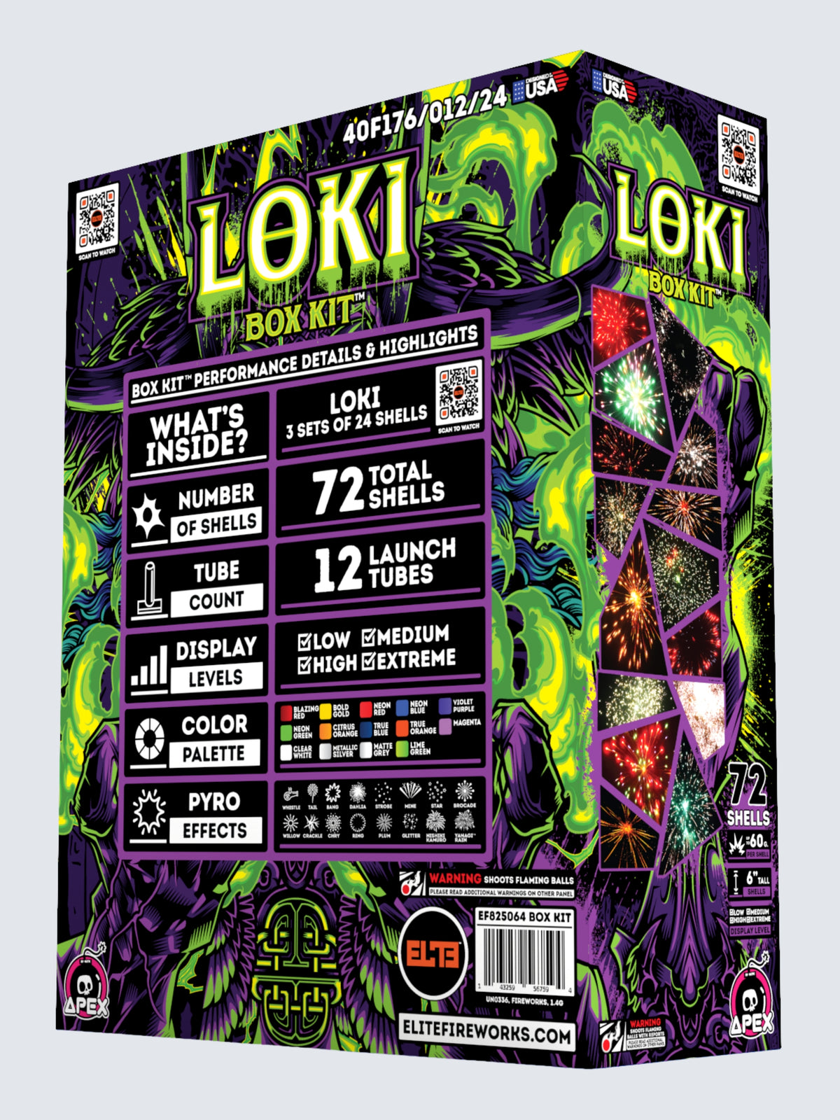 Box kit of Loki shell fireworks, includes 72 shells. Packaging shows Loki casting green magic.