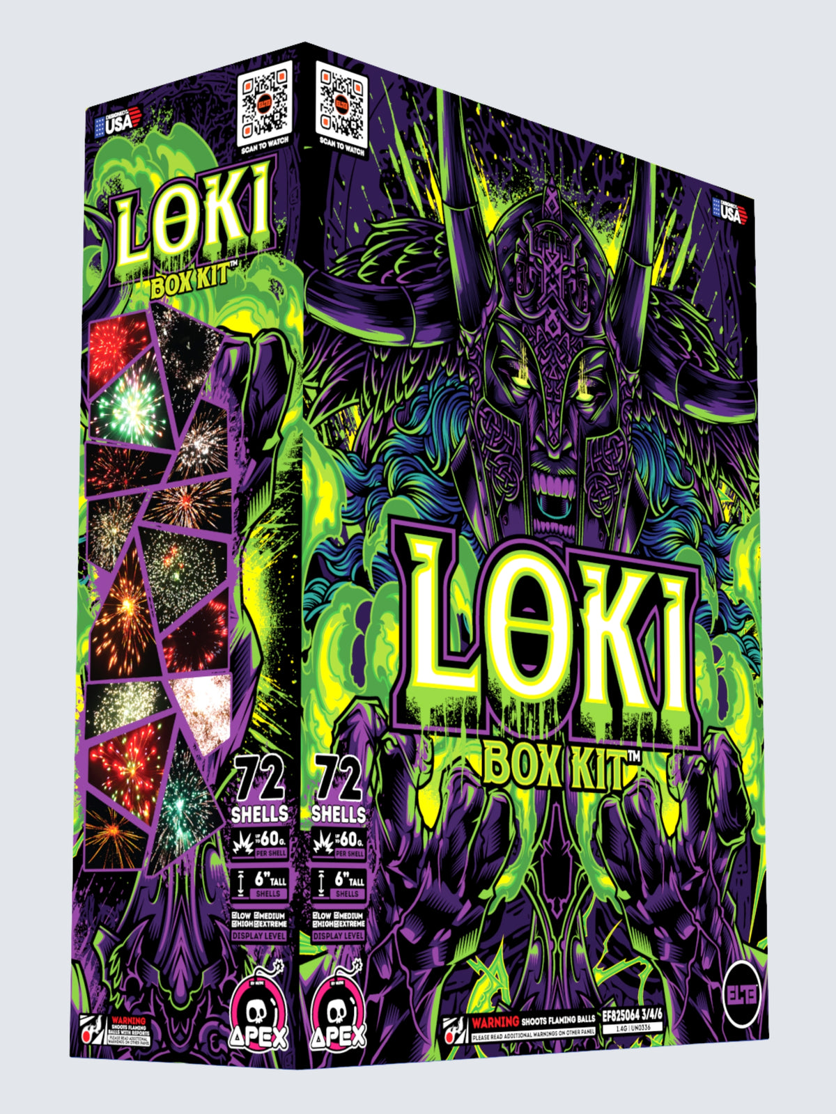 Box kit of Loki shell fireworks, includes 72 shells. Packaging shows Loki casting green magic.