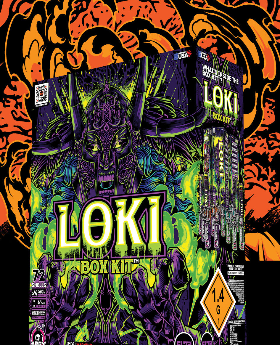 Loki Shells Box Kit promotional image featuring a neon green and purple Norse warrior design with 72 shells, set against a bold orange-and-black swirling Nordic-style background.