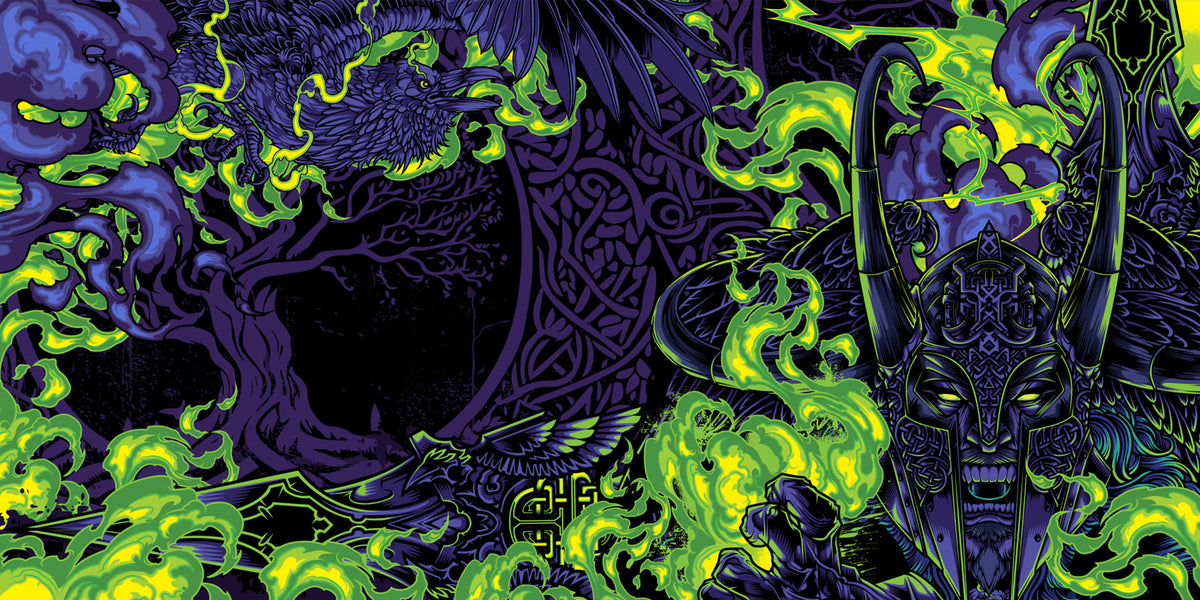 Desktop background featuring purple ravens, twisted trees, neon green flames, and a horned skull helmet.