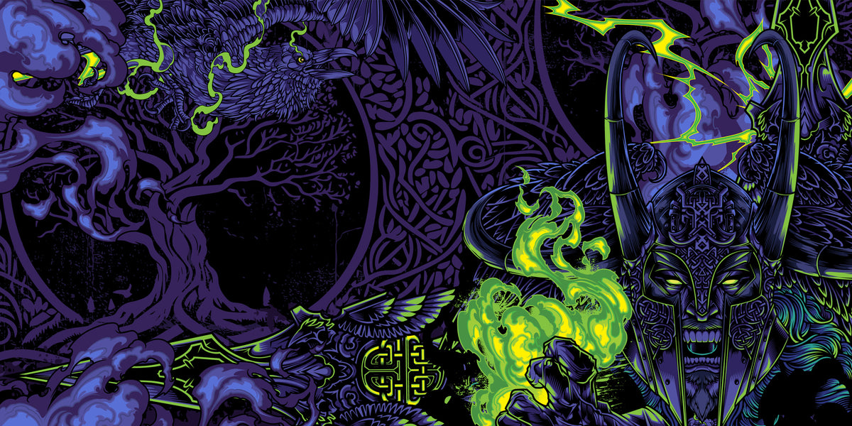 Dark fantasy background with purple ravens, twisted trees, intricate knot work, and a horned helmet amid green flames.