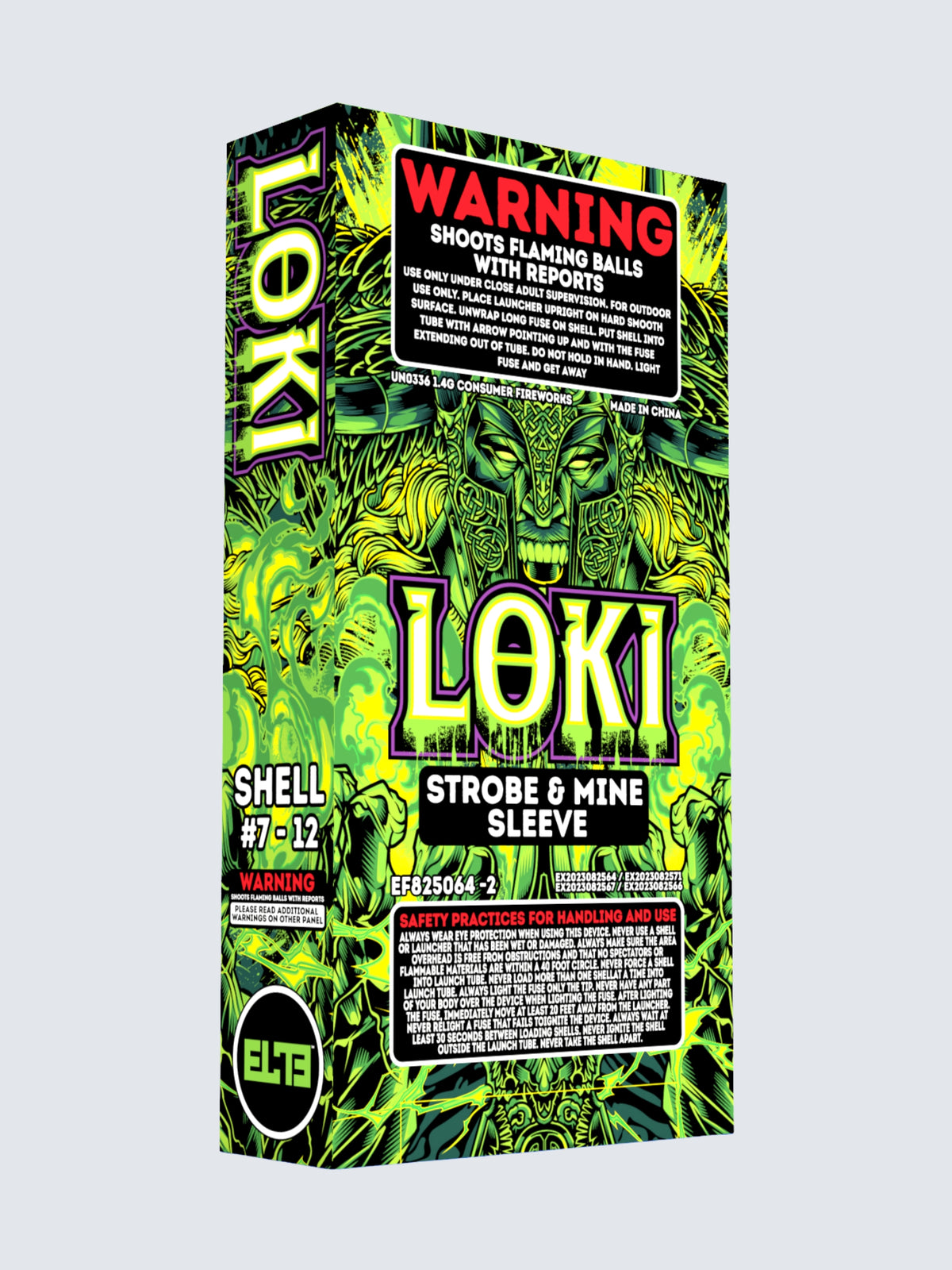Sleeve kit of Loki shell fireworks. Packaging shows a green Loki casting magic.