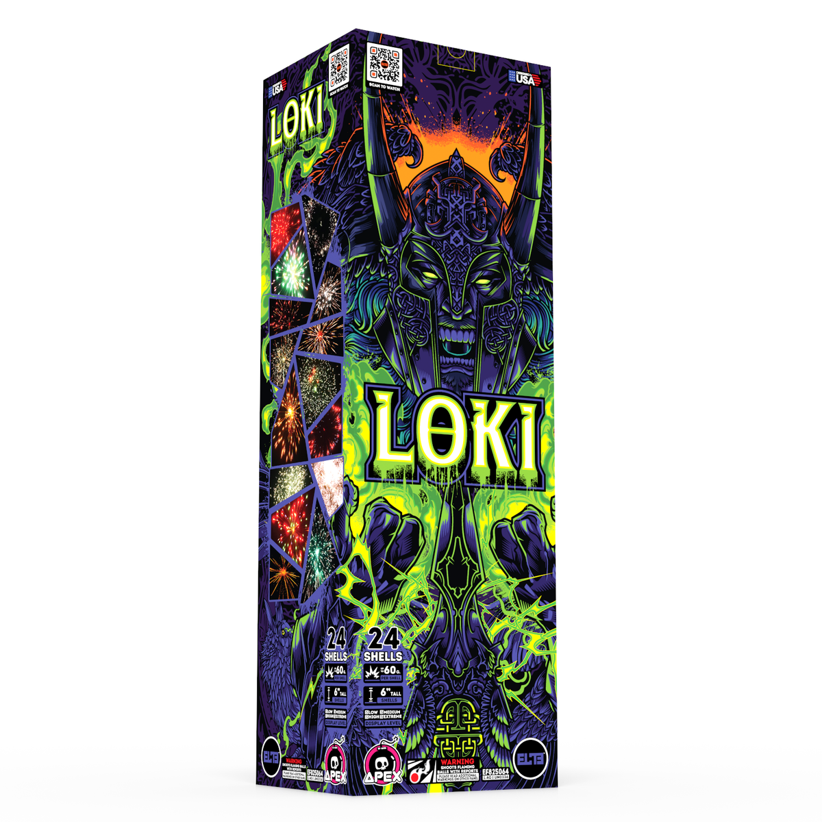 Unit of Loki shell fireworks, Includes 24 shells. Packaging shows purple and green magic.
