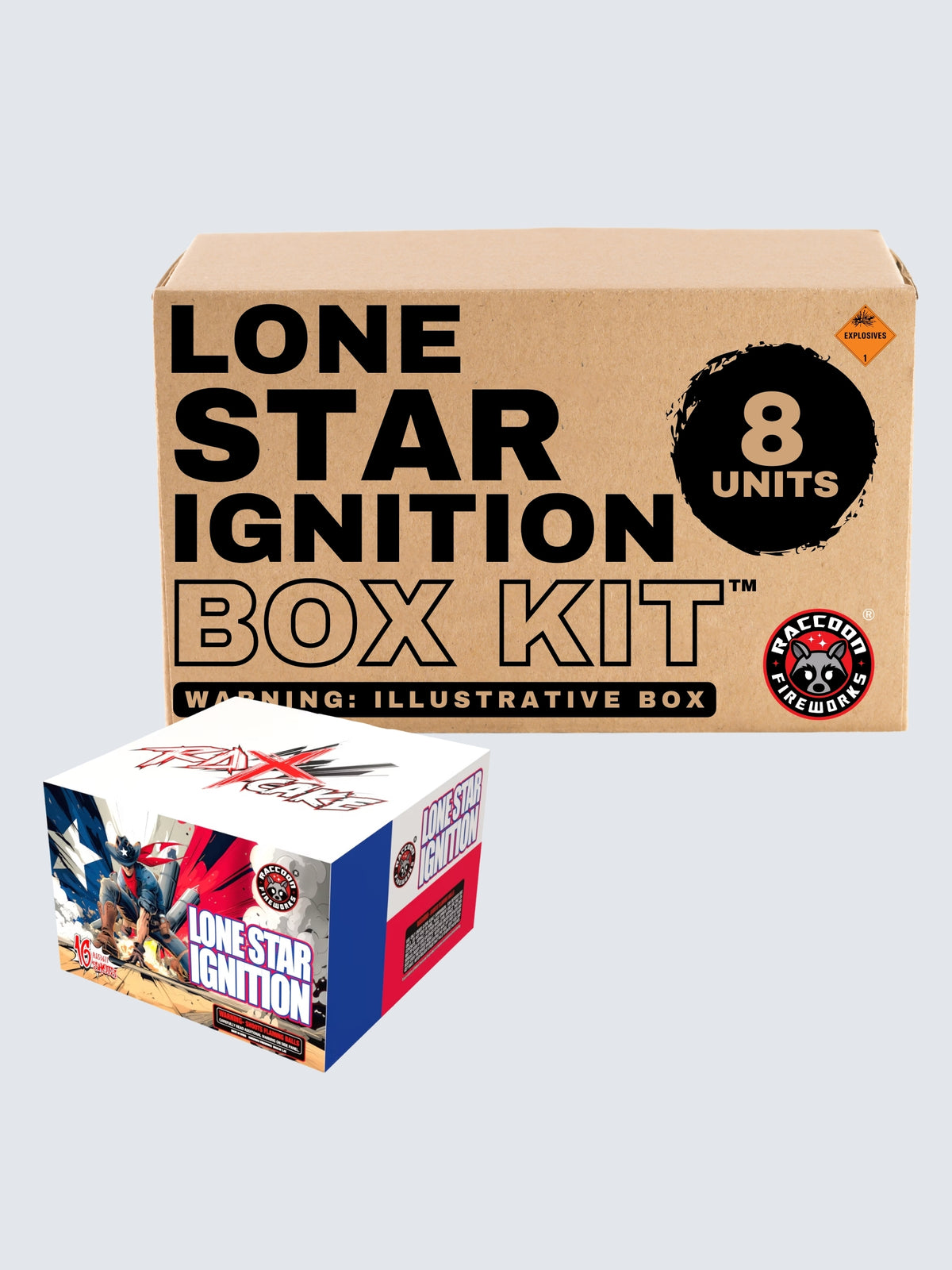 Lone Star Ignition 16-shot aerial repeater box kit by Raccoon Fireworks featuring 8 units with patriotic cowboy artwork.