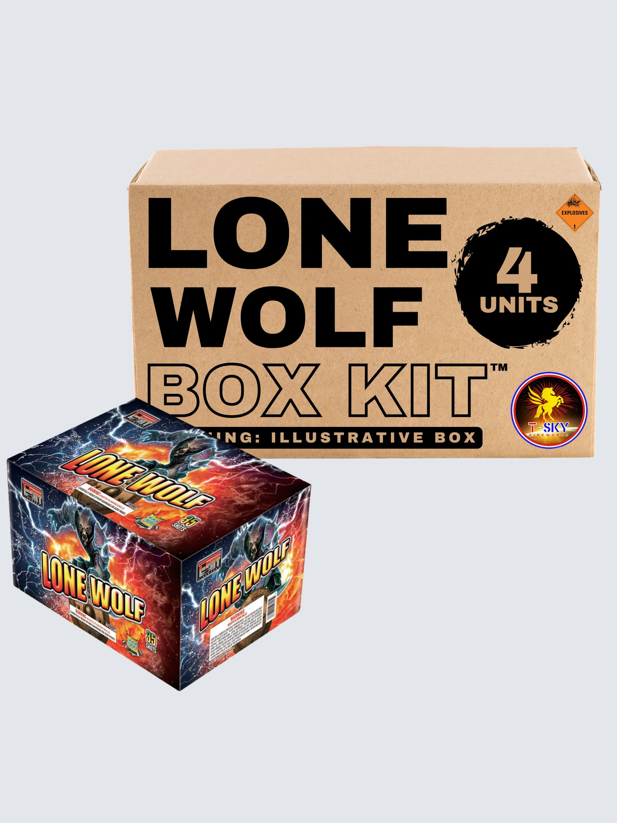 Box kit of Lone Wolf large cake fireworks. Includes 4 units.