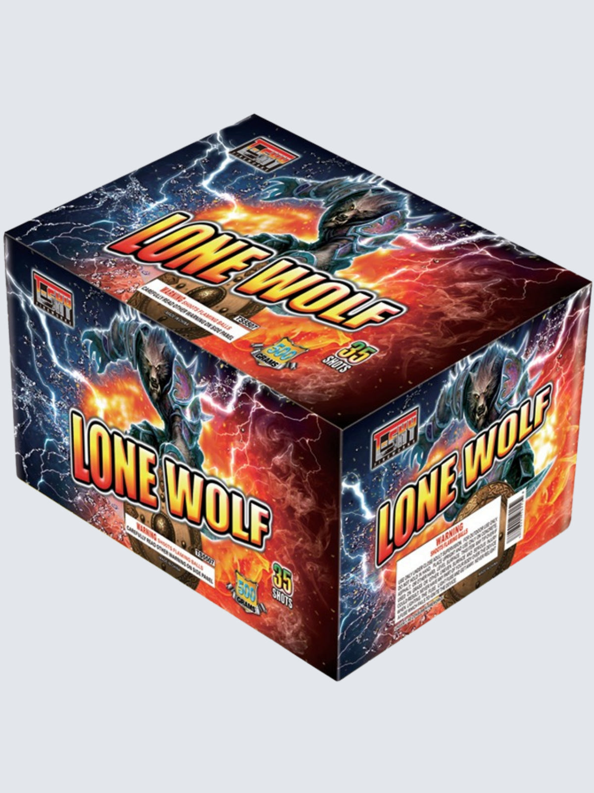 Unit of Lone Wolf large cake fireworks. Package shows a werewolf in armor and lightning in the background.