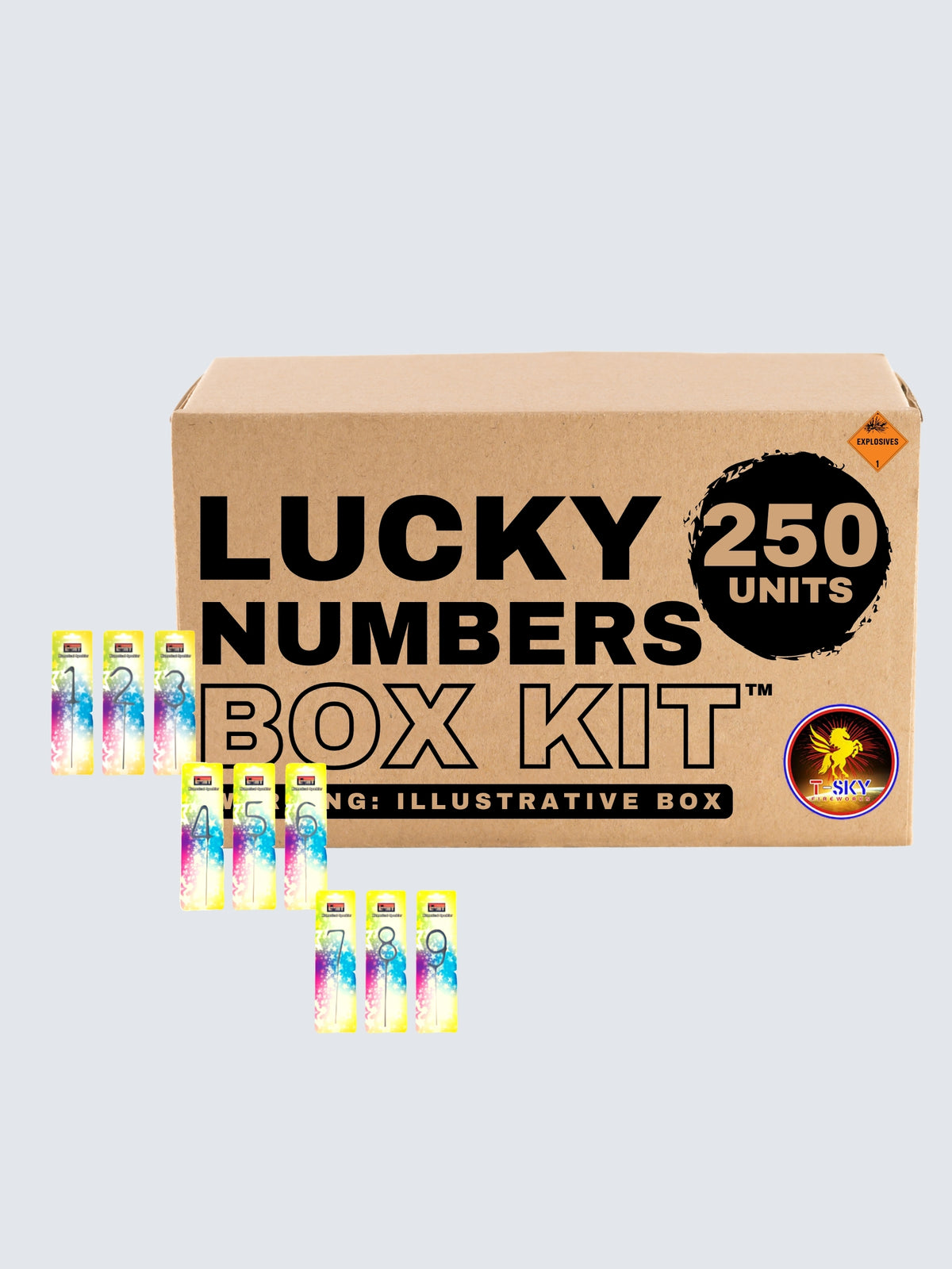 Lucky Numbers novelty fireworks 250-unit box kit by T-Sky Fireworks, featuring colorful number-themed packaging.
