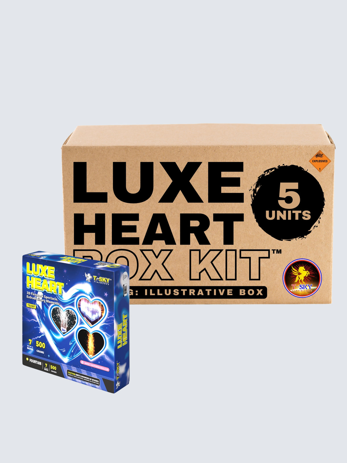 Luxe Heart 5-unit 500-gram fountain fireworks box kit by T-Sky Fireworks featuring glowing heart effects and electric blue artwork.