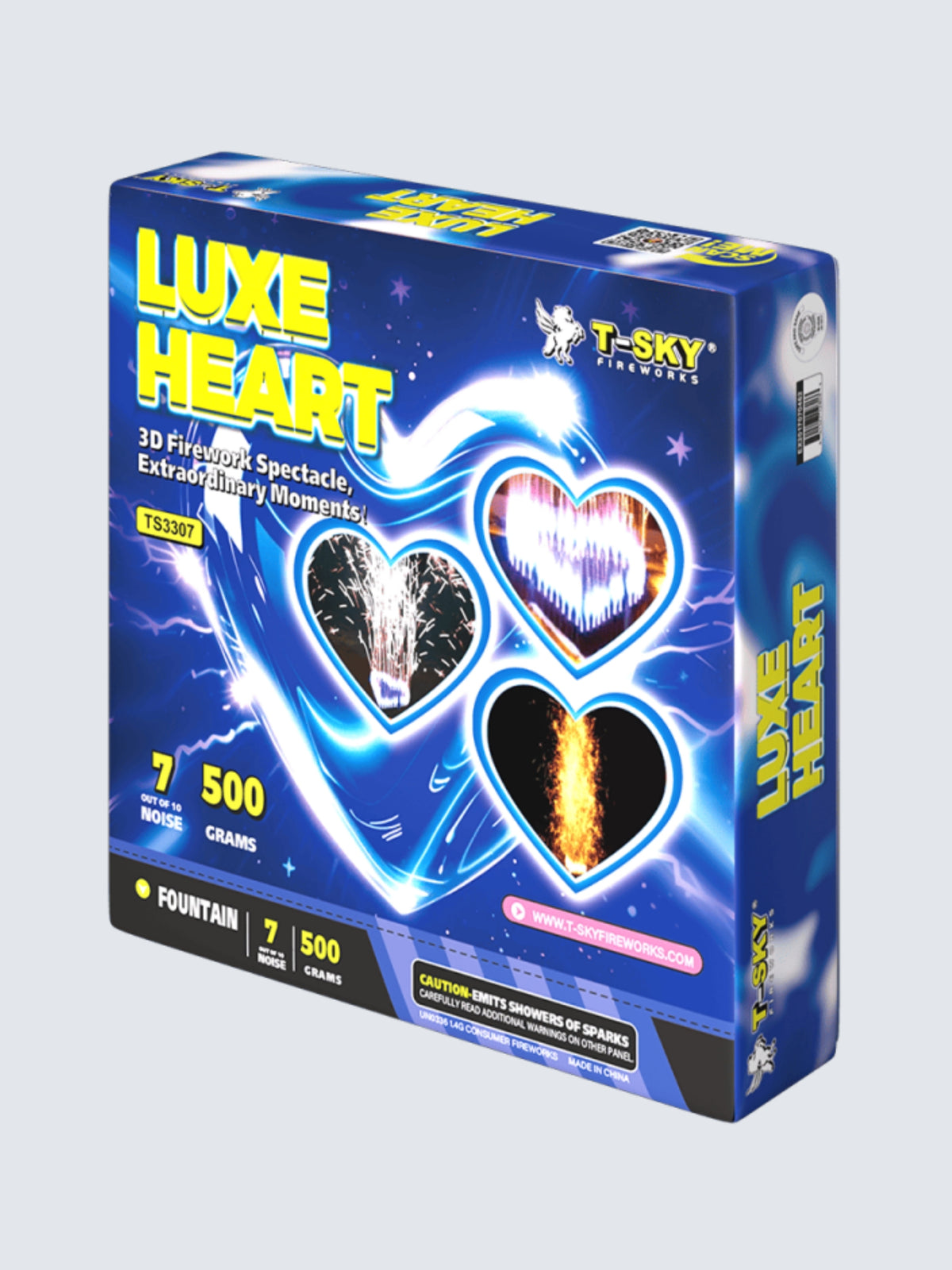 Luxe Heart 500-gram fountain firework by T-Sky Fireworks featuring glowing heart-shaped effects and electric blue box art.