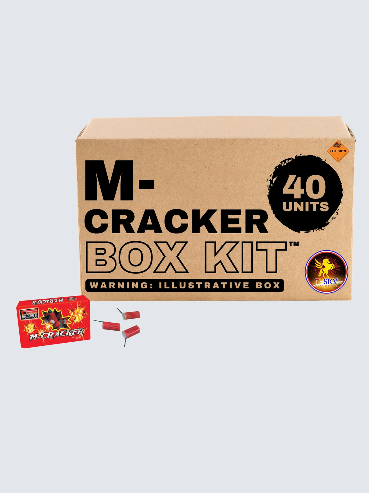 M-Cracker firecracker box kit by T-Sky Fireworks with 40 units and red packaging featuring yellow explosion artwork.