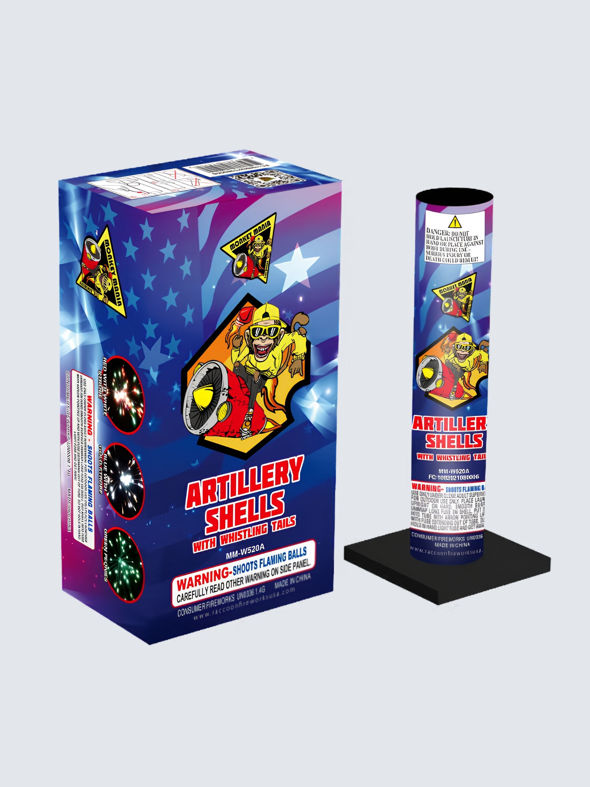Monkey Mania Artillery Shells with Whistling Tails fireworks kit, featuring patriotic graphics and a launch tube.