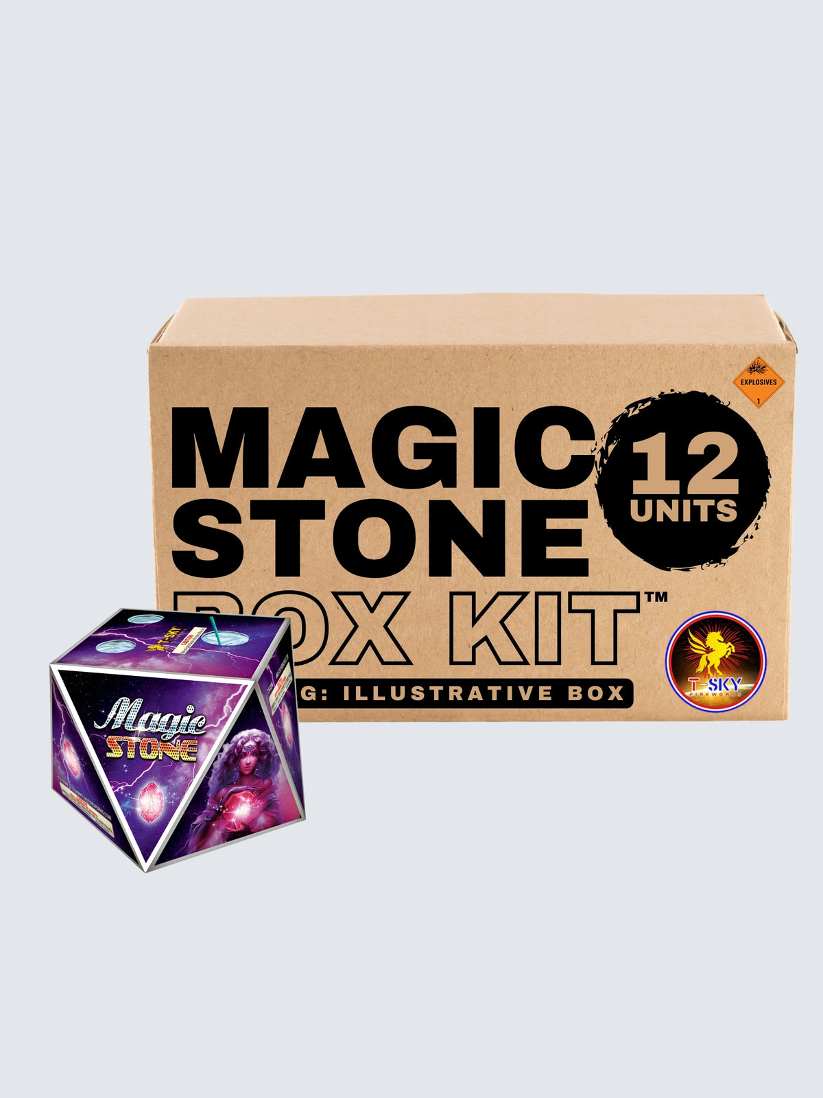 Magic Stone fireworks box kit by T-Sky Fireworks, featuring 12 units with purple lightning, glowing crystals, and mystical woman artwork.