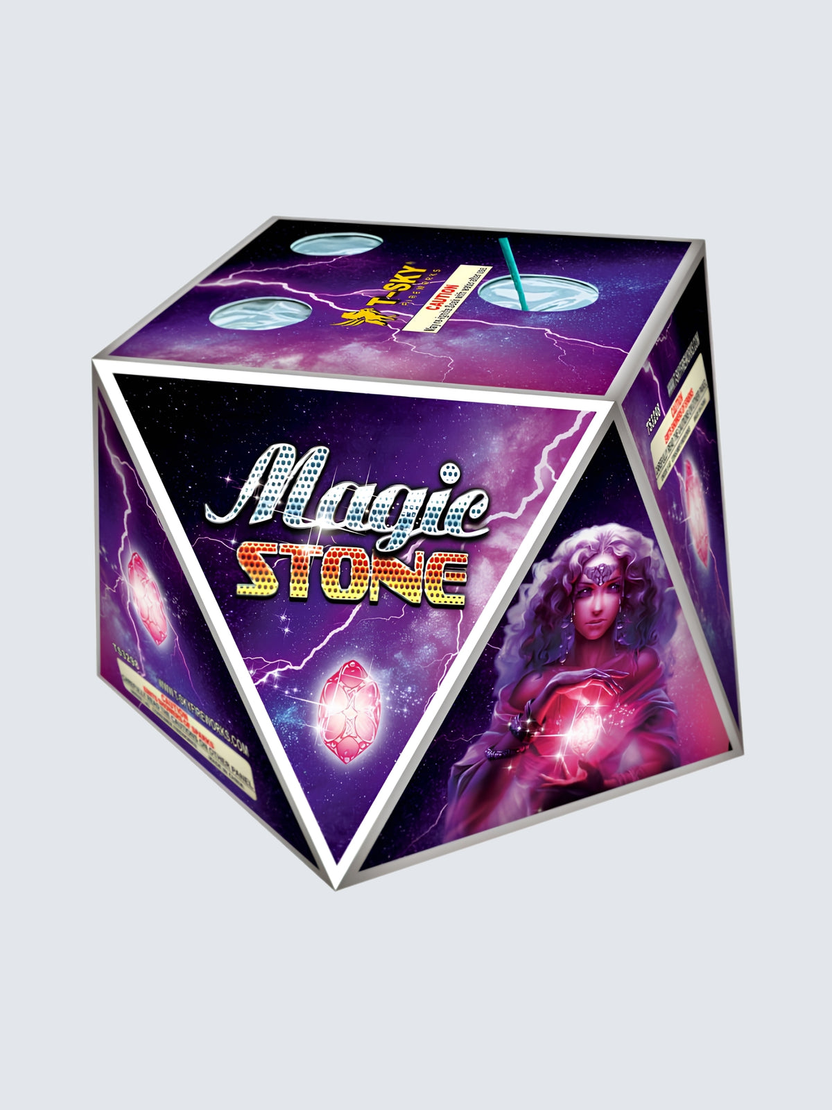 Magic Stone fireworks by T-Sky Fireworks, featuring purple cosmic packaging with lightning, glowing crystals, and a mystical woman.