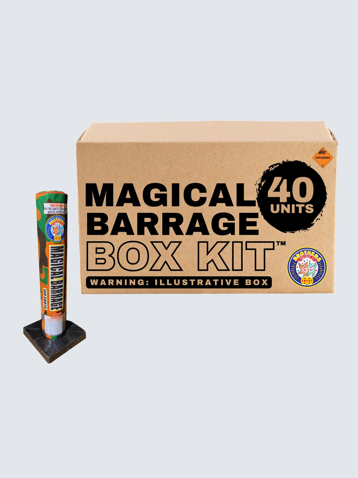 Brothers Fireworks Magical Barrage 40-unit box kit shown with a camouflage 100-shot tube on a square black base.