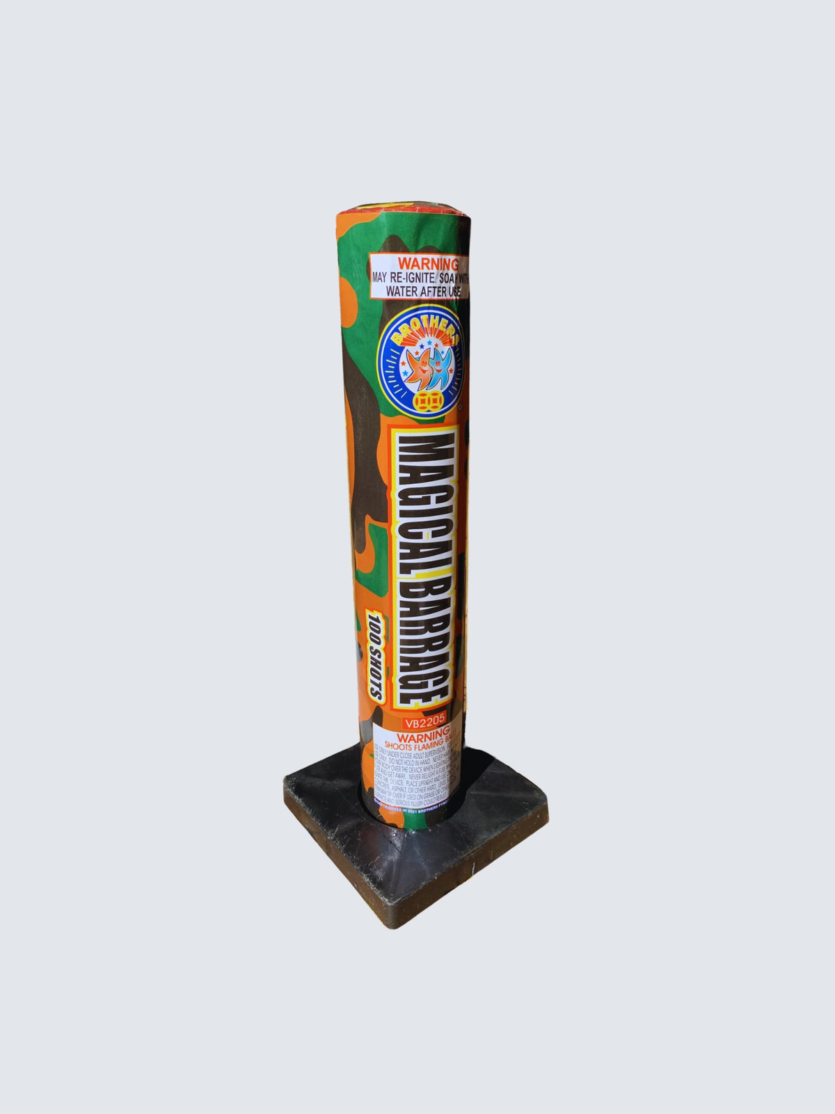 Brothers Fireworks Magical Barrage 100-shot firework in a camouflage-wrapped tube on a square black base.