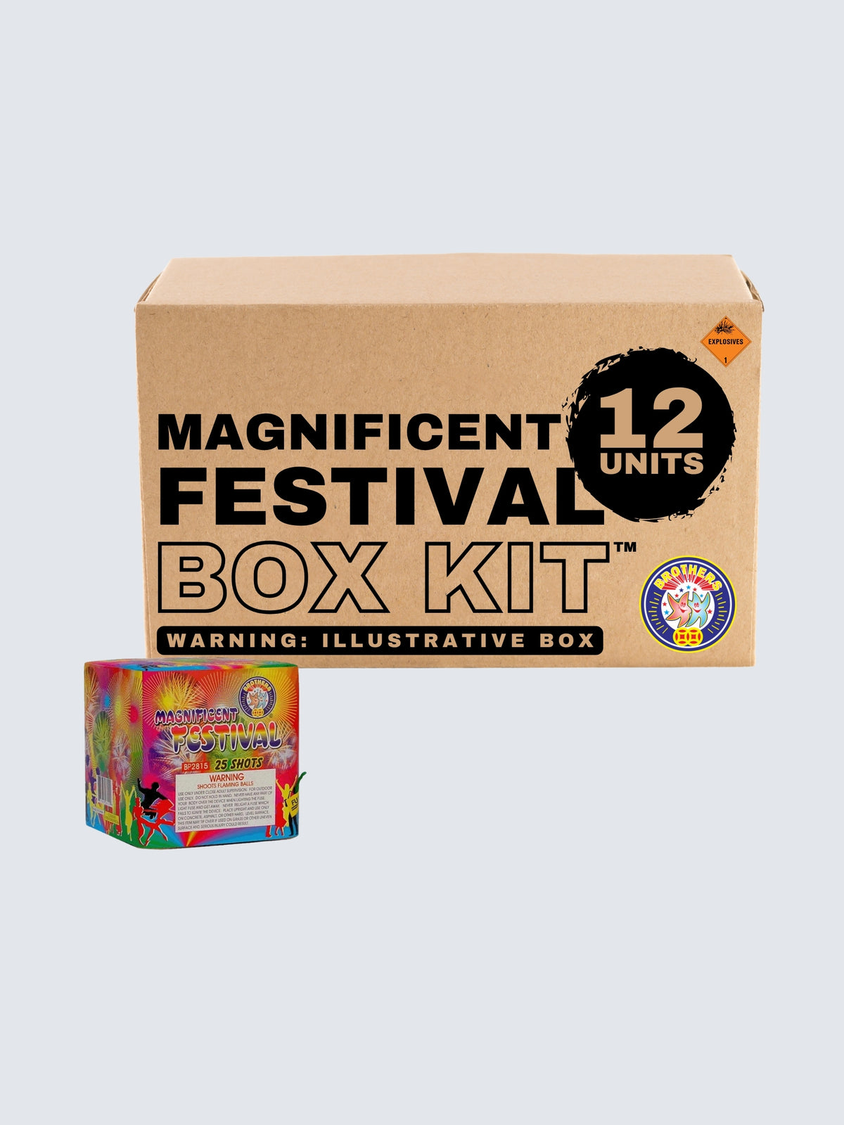Magnificent Festival box kit includes four units of Brothers fireworks cake fireworks with colorful smoke themed packaging with yellow, red, green, and blue clouds.