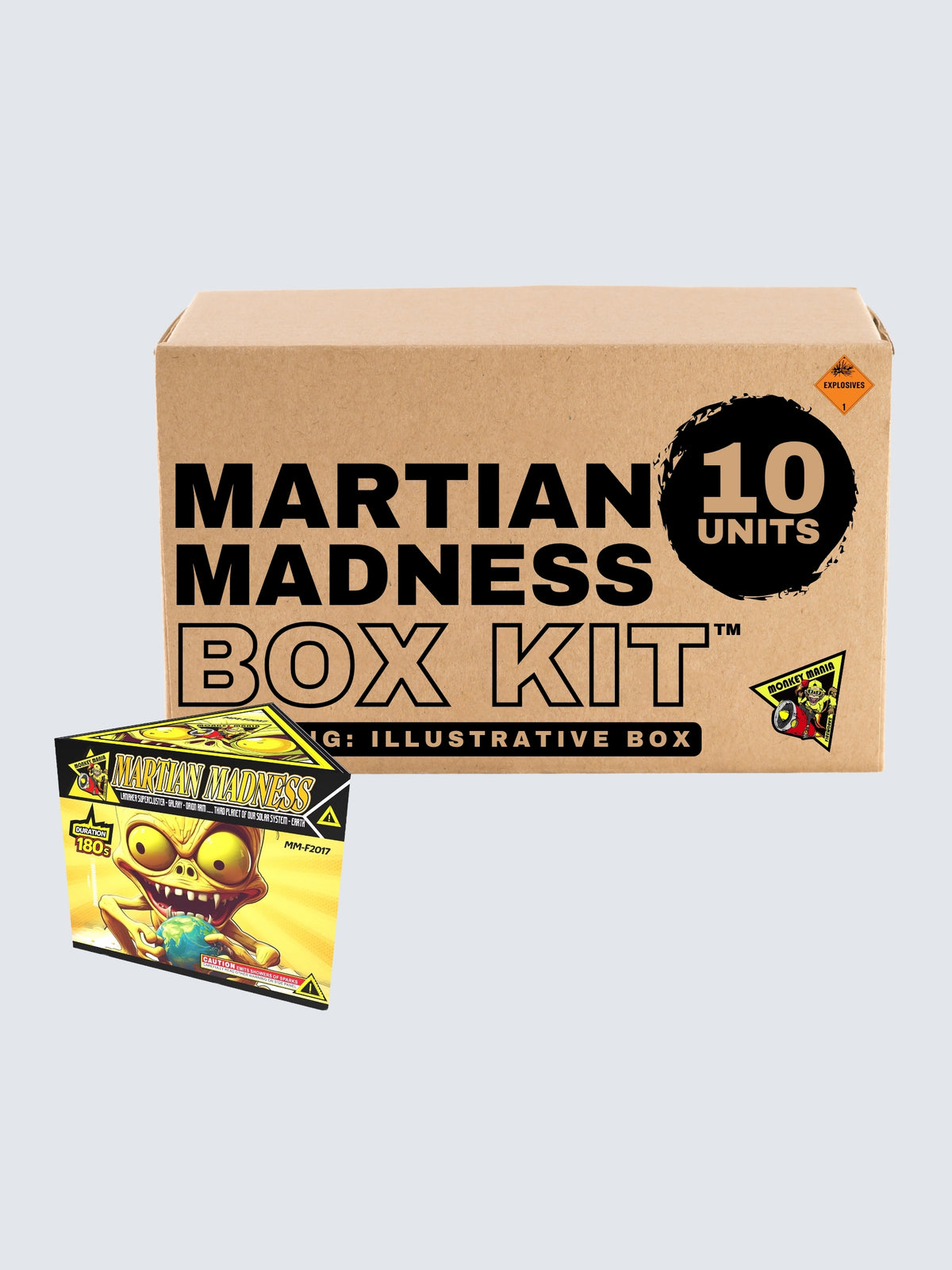 Martian Madness fountain fireworks 10-unit box kit by Monkey Mania, featuring a wild yellow alien holding Earth.