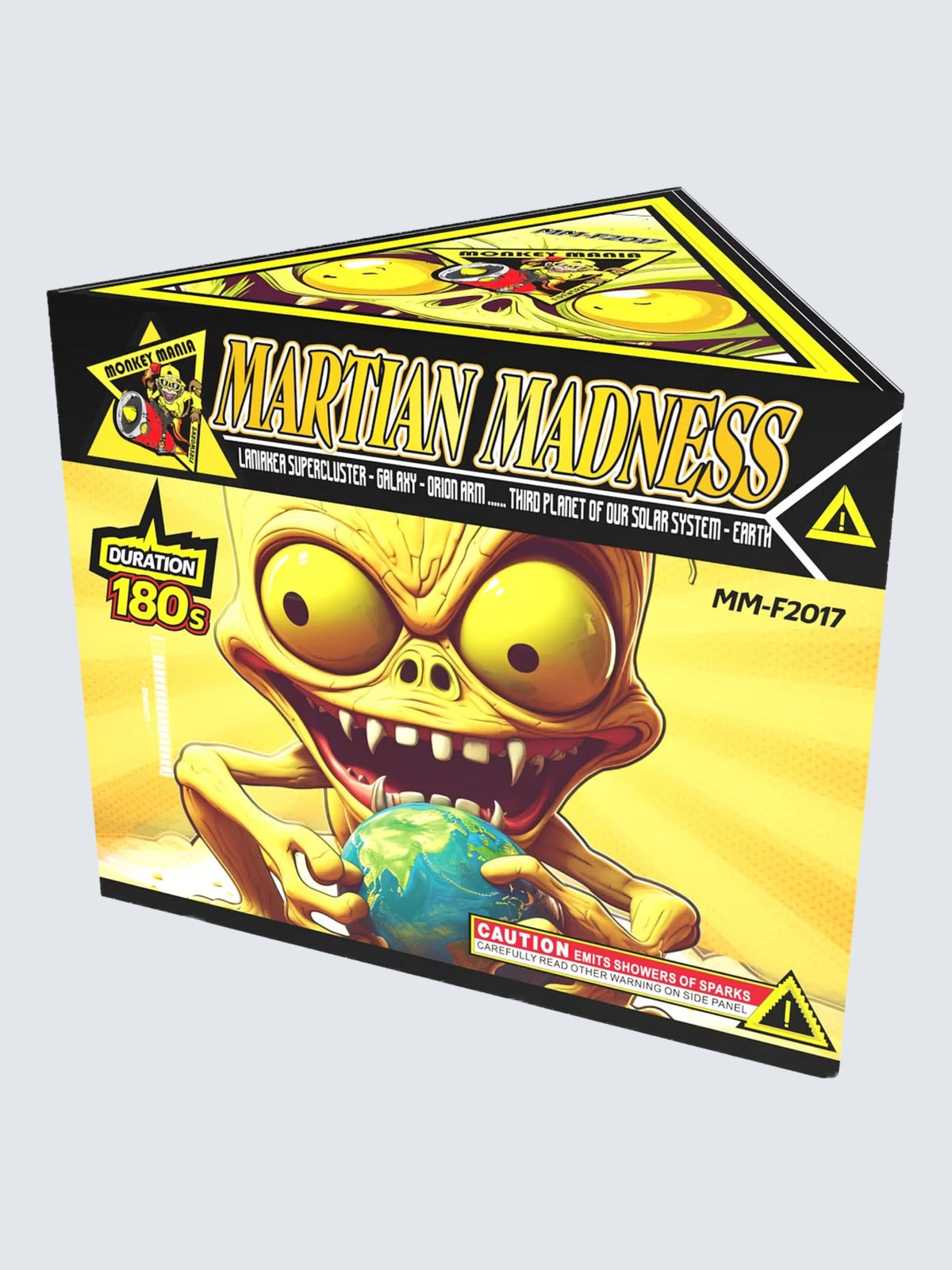 Martian Madness fountain firework by Monkey Mania, featuring a wild yellow alien with bulging eyes holding Earth on bright yellow packaging.