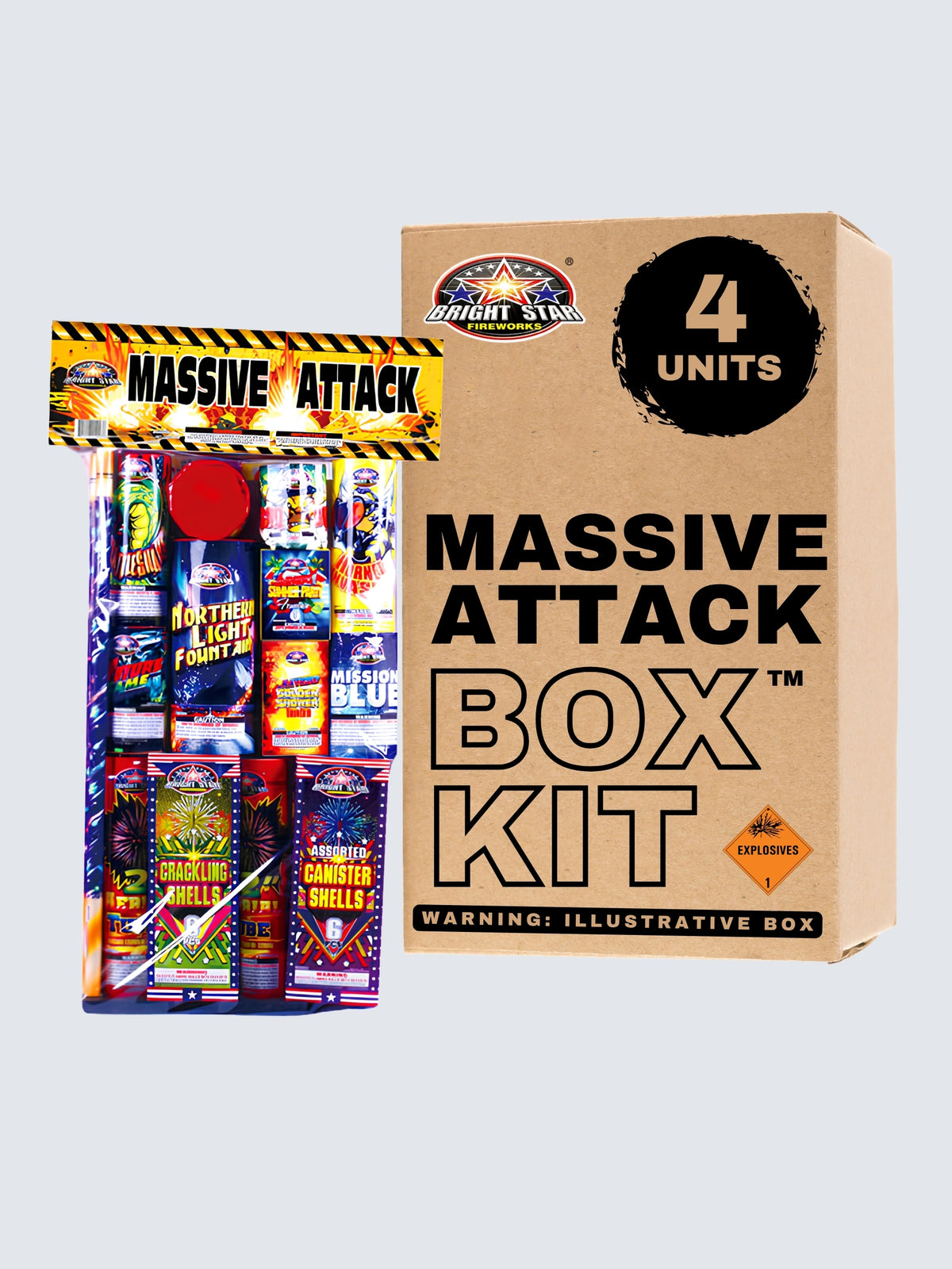 Massive Attack assortment box kit by Bright Star Fireworks with 4 units, fountains, artillery shells and colorful packaging.