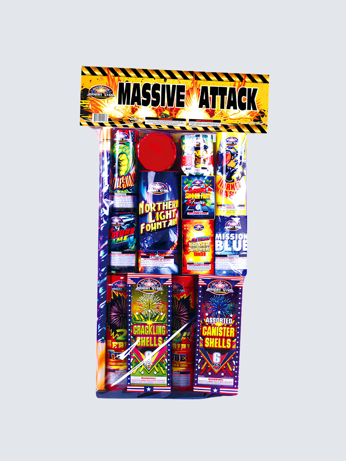 Massive Attack assortment by Bright Star Fireworks with fountains, artillery shells and yellow explosion artwork.