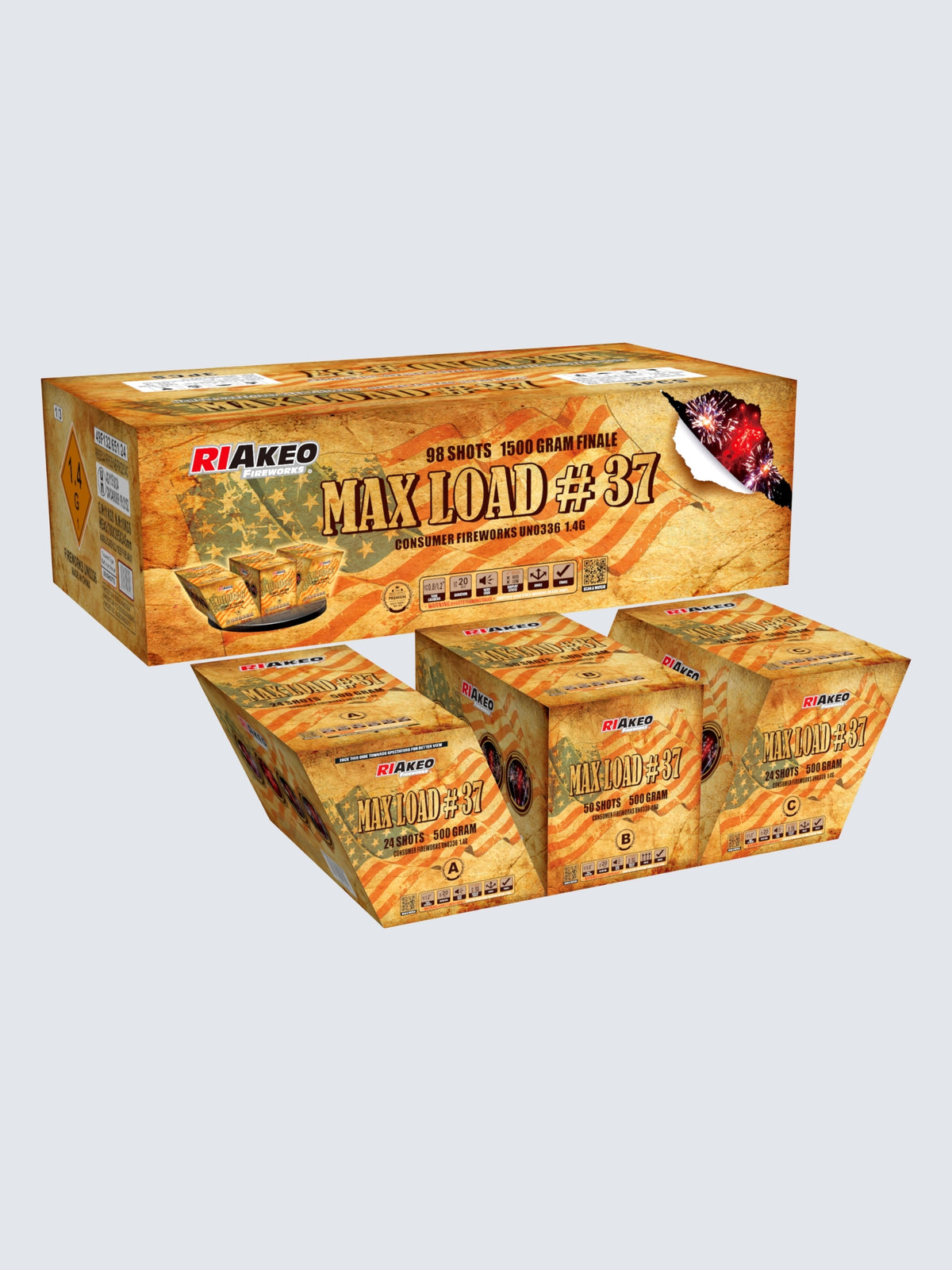 Riakeo Fireworks Max Load #37 98-shot, 1500-gram compound finale kit with three cakes and vintage patriotic fireworks artwork.