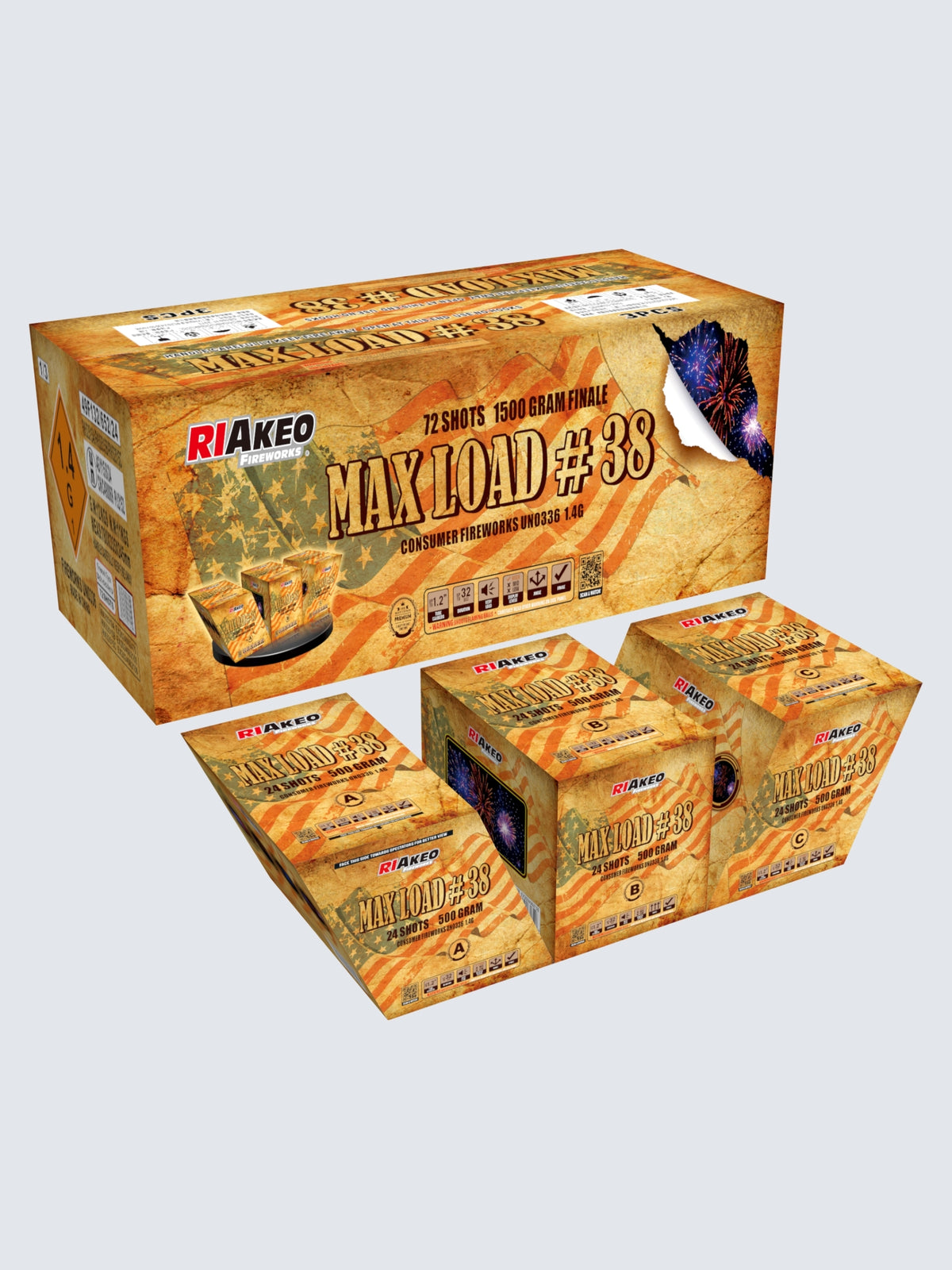 Riakeo Fireworks Max Load #38 12-shot, 1500-gram compound finale kit with three cakes and vintage patriotic box artwork.