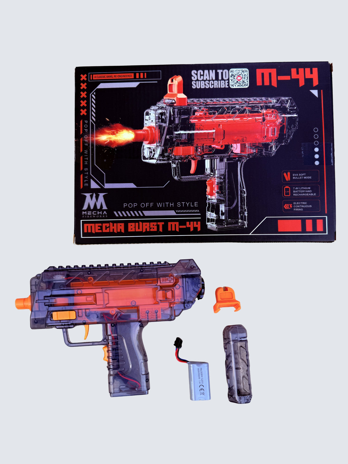 Unit of Mecha Burst M-44 30 shot rapid fire handheld snapper gun. Packaging shows futuristc hacker effects with the product.