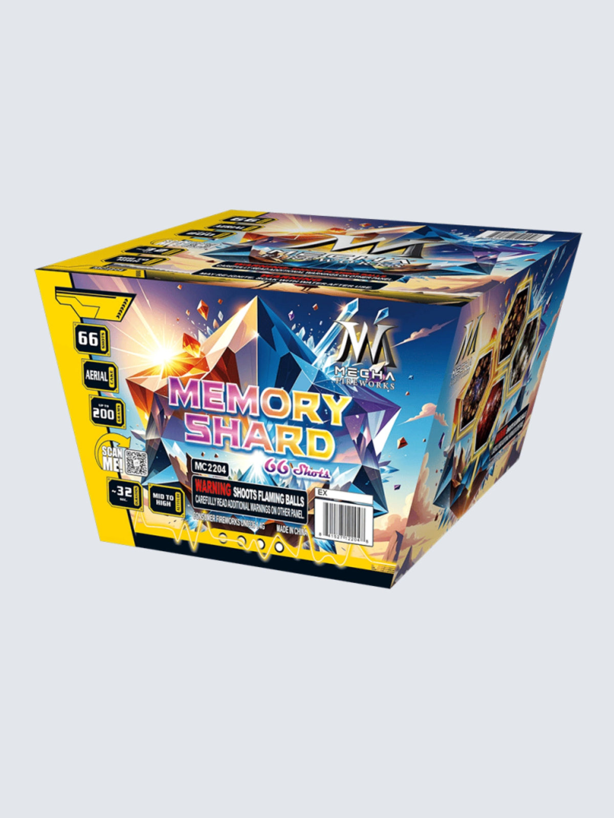 Unit of Memory Shard fireworks, includes 66 shots. The art features glowing crystals and a shining logo.