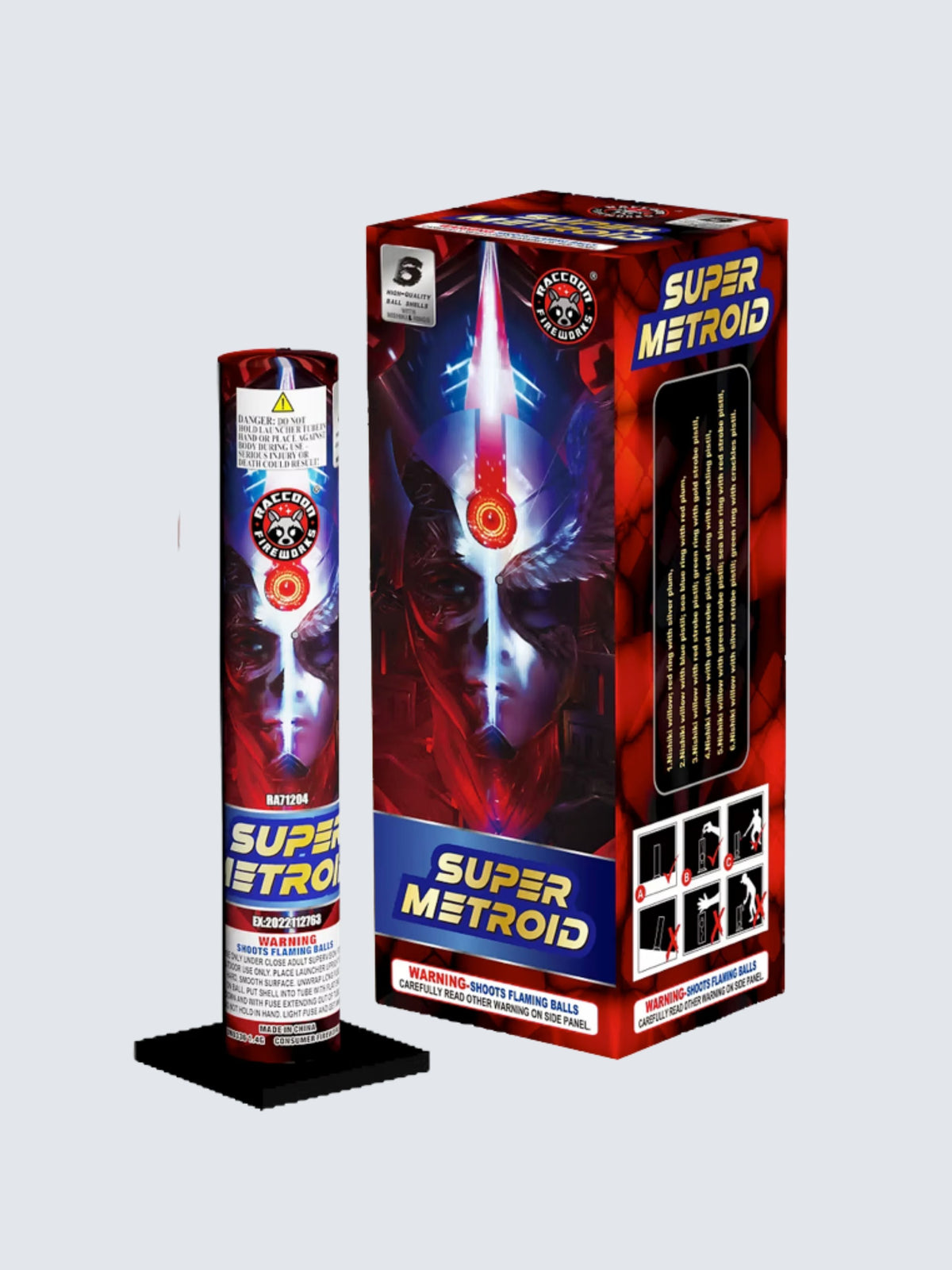 A unit of Metroid large artillery shell fireworks. Packaging is space themed with blue alien faces.