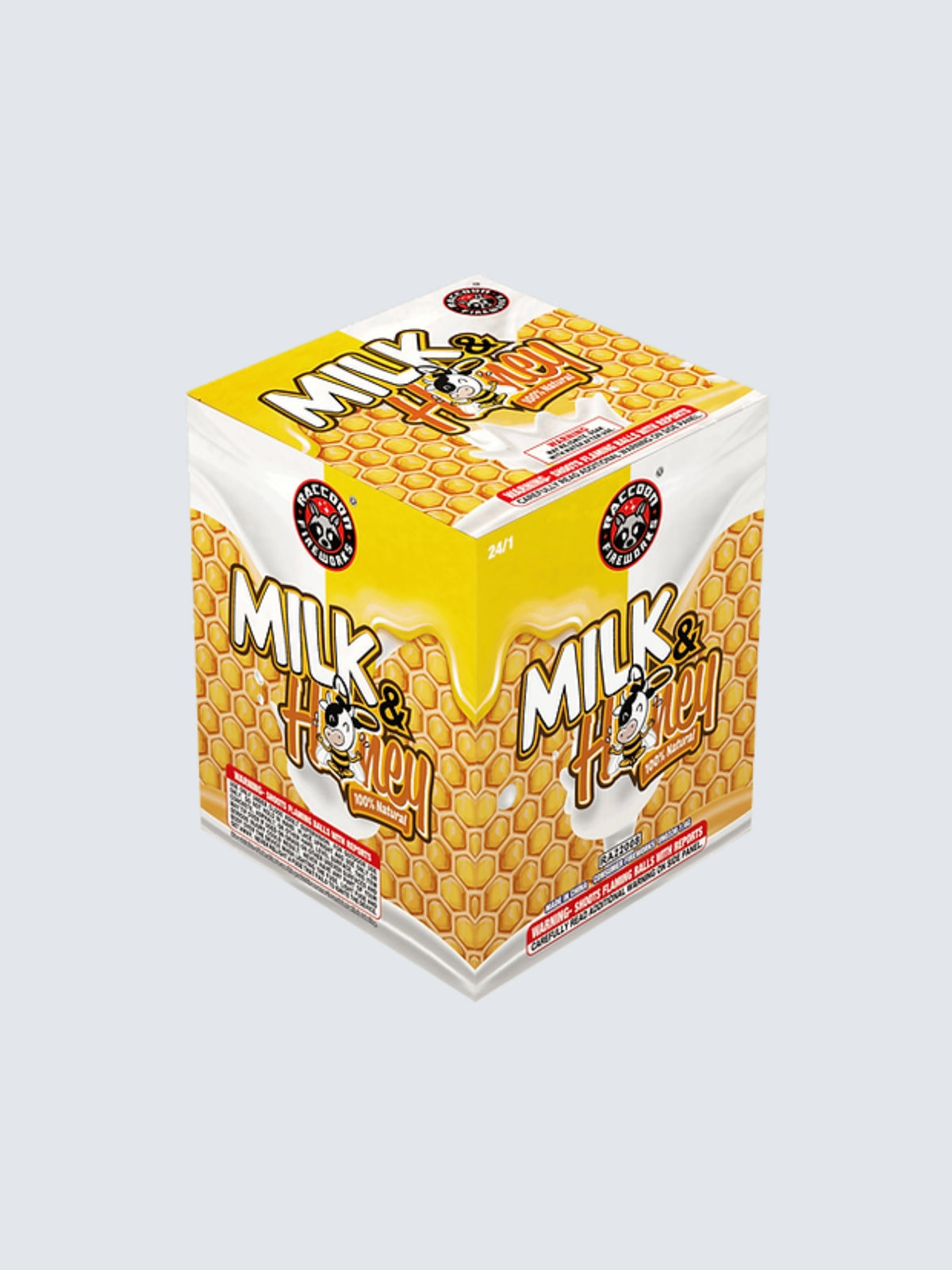 Milk & Honey aerial repeater by Raccoon Fireworks with golden honeycomb, dripping honey, milk splashes and a cartoon bee.