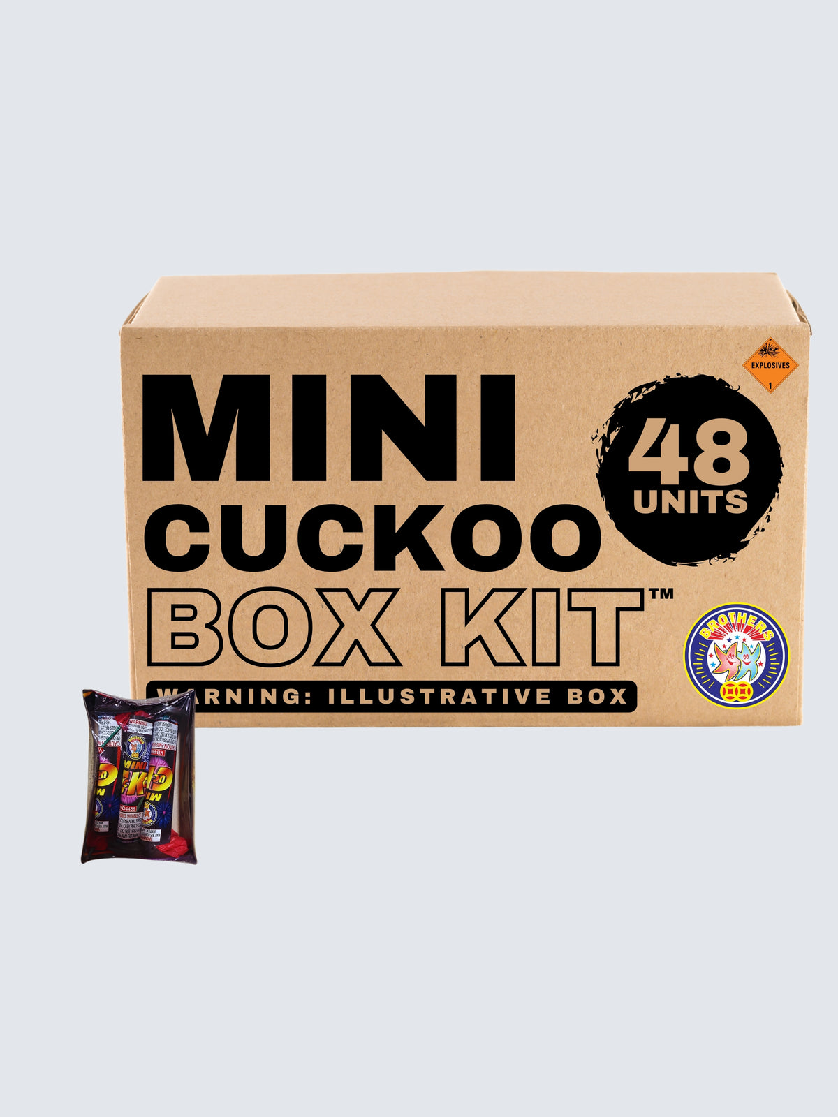 Mini Cuckoo Box Kit by Brothers Fireworks featuring 48 units of colorful mini aerial fireworks in packaged assortments.