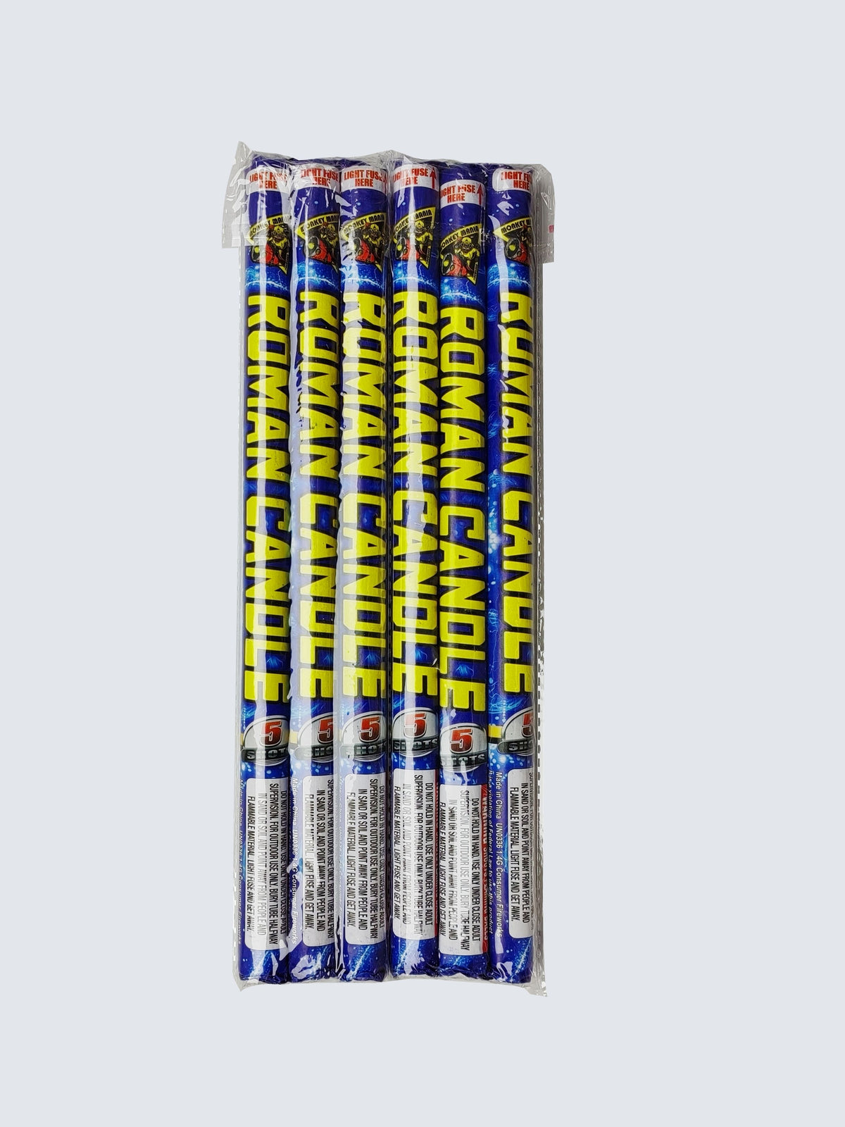 6 Roman candles, 5 shots each. The packaging in blue and yellow.